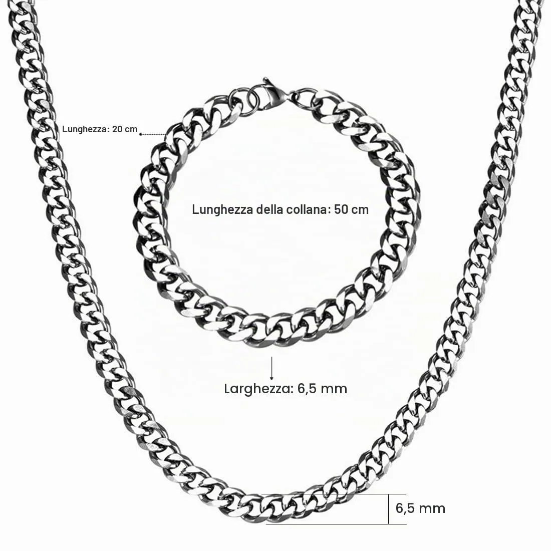 SURALIN Set Collana e Bracciale Cubano Uomo, 6,5 mm, Argento (50 cm + 20 cm) - immagine 2