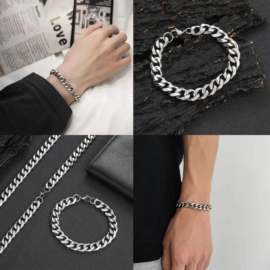 SURALIN Set Collana e Bracciale Cubano Uomo, 6,5 mm, Argento (50 cm + 20 cm) - immagine 5