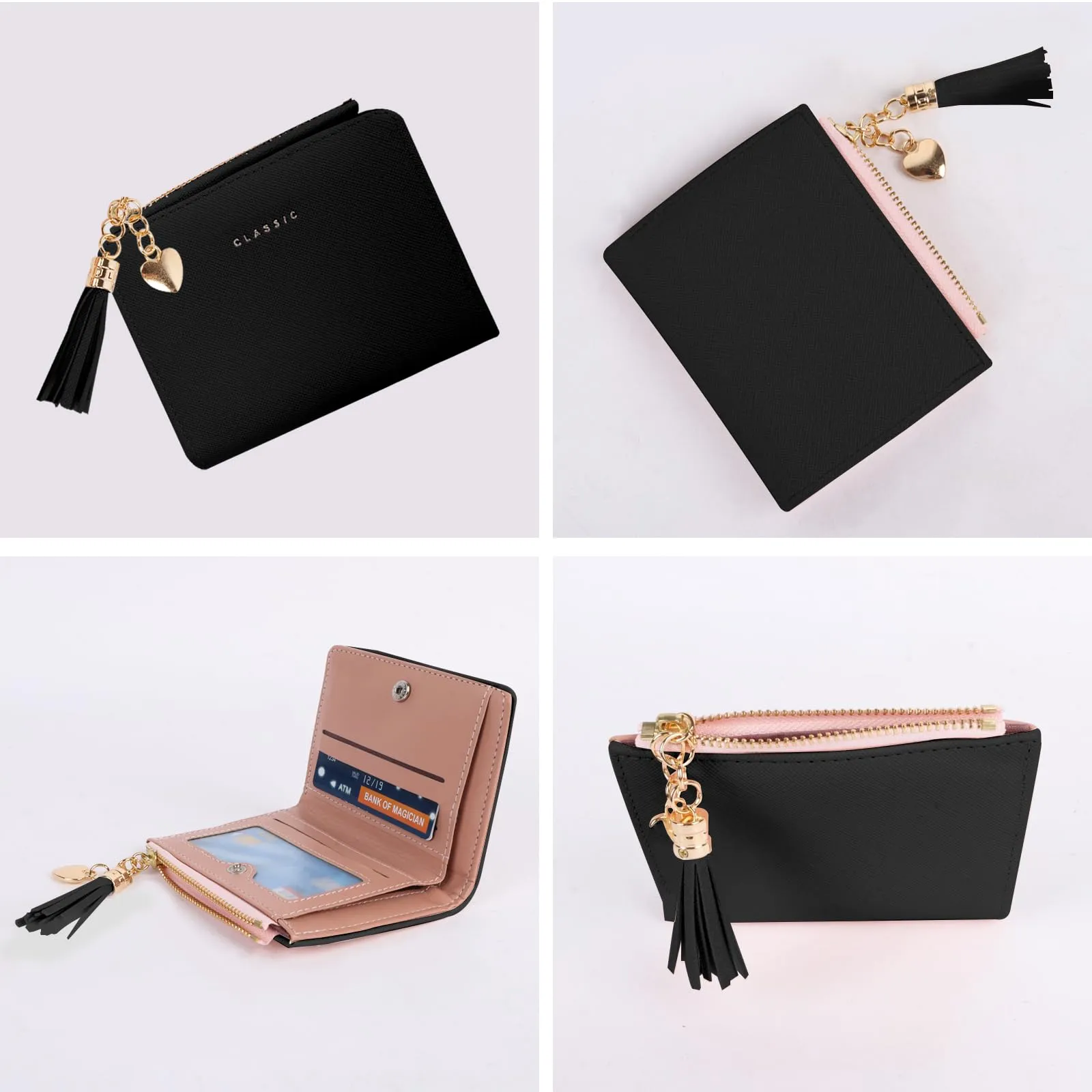 Wiainty Portafoglio Donna in Pelle Nero, Piccolo Portamonete con Cerniera e Scomparti per Carte - immagine 5
