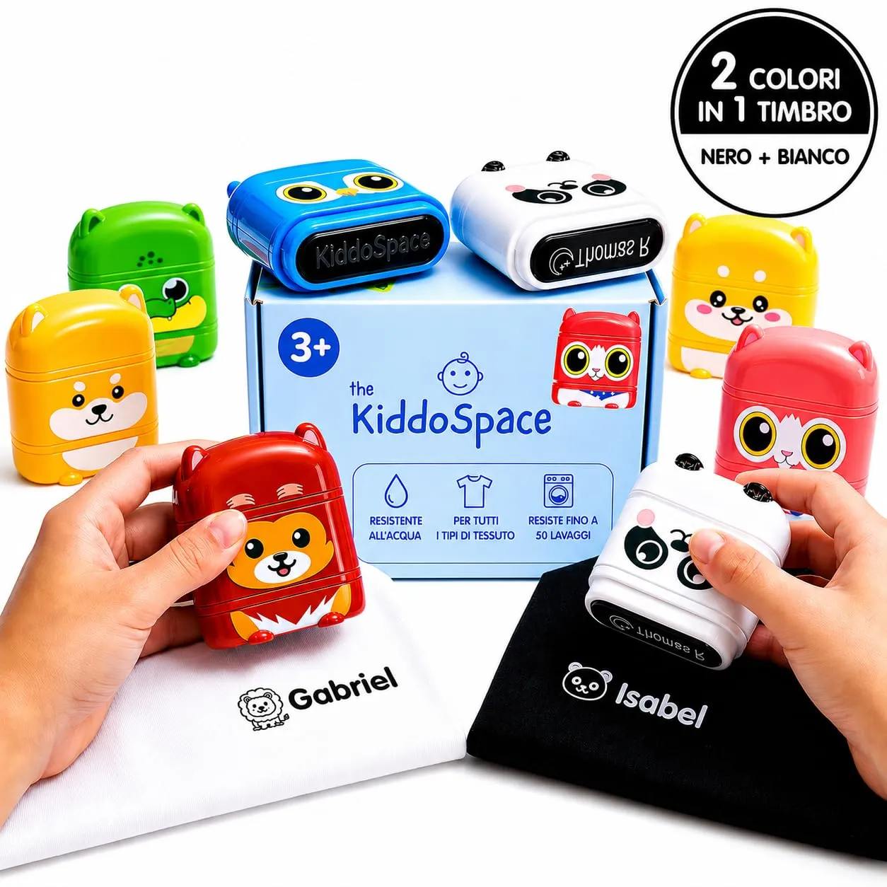 TheKiddoSpace Timbro Nome Personalizzato per Vestiti Bambini, Doppio Lato con Inchiostro Bianco e Nero, Grande - immagine 1