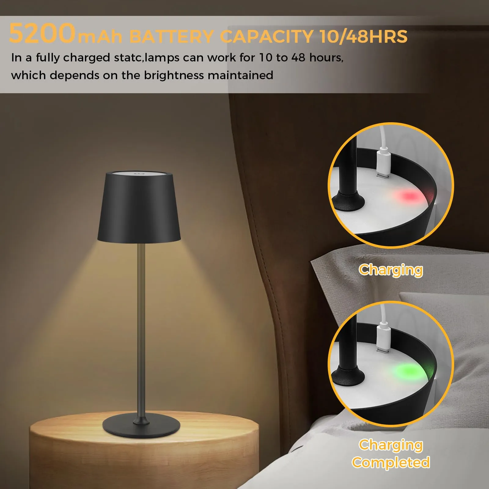 CNMTCCO Lampada da Tavolo Senza Fili Ricaricabile, Batteria 5200 mAh, Regolabile in Altezza, 3 Temperature Colore, Impermeabile, Metallo, Nera - immagine 5