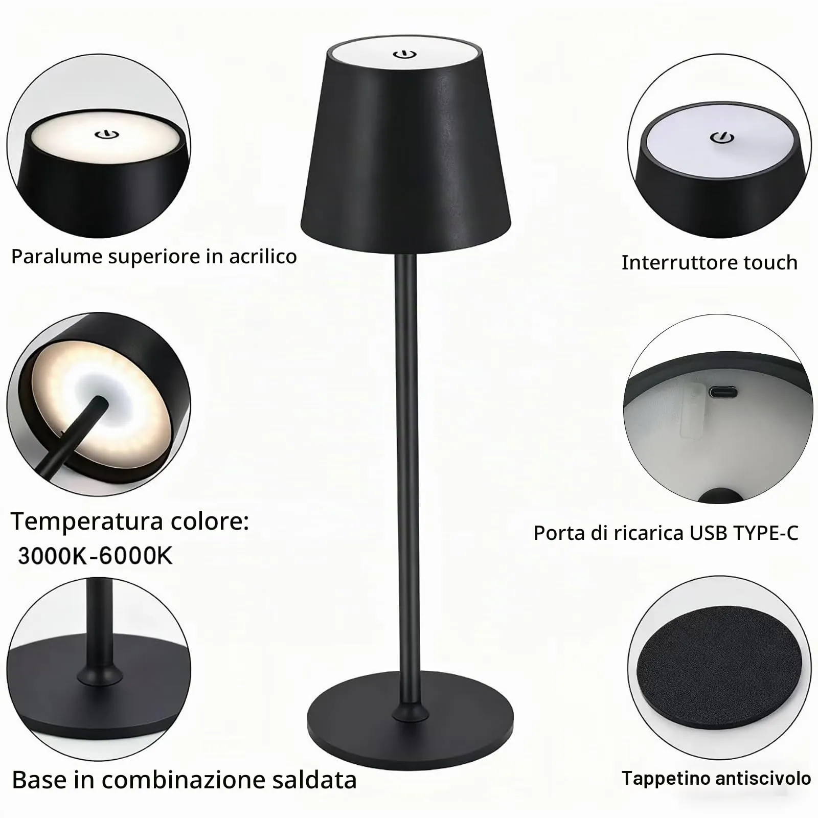CNMTCCO Lampada da Tavolo Senza Fili Ricaricabile, Batteria 5200 mAh, Regolabile in Altezza, 3 Temperature Colore, Impermeabile, Metallo, Nera - immagine 7