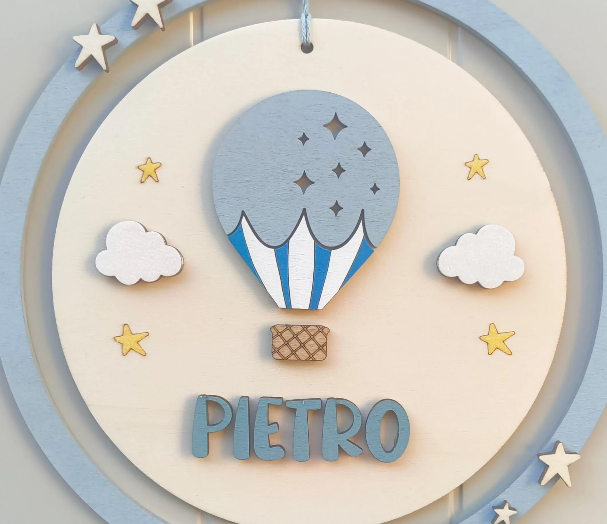 Generico Fiocco Nascita Bimba e Bimbo Mongolfiera, Decorazione Artigianale per Cameretta e Culla, Blu, 30x30 cm - immagine 2