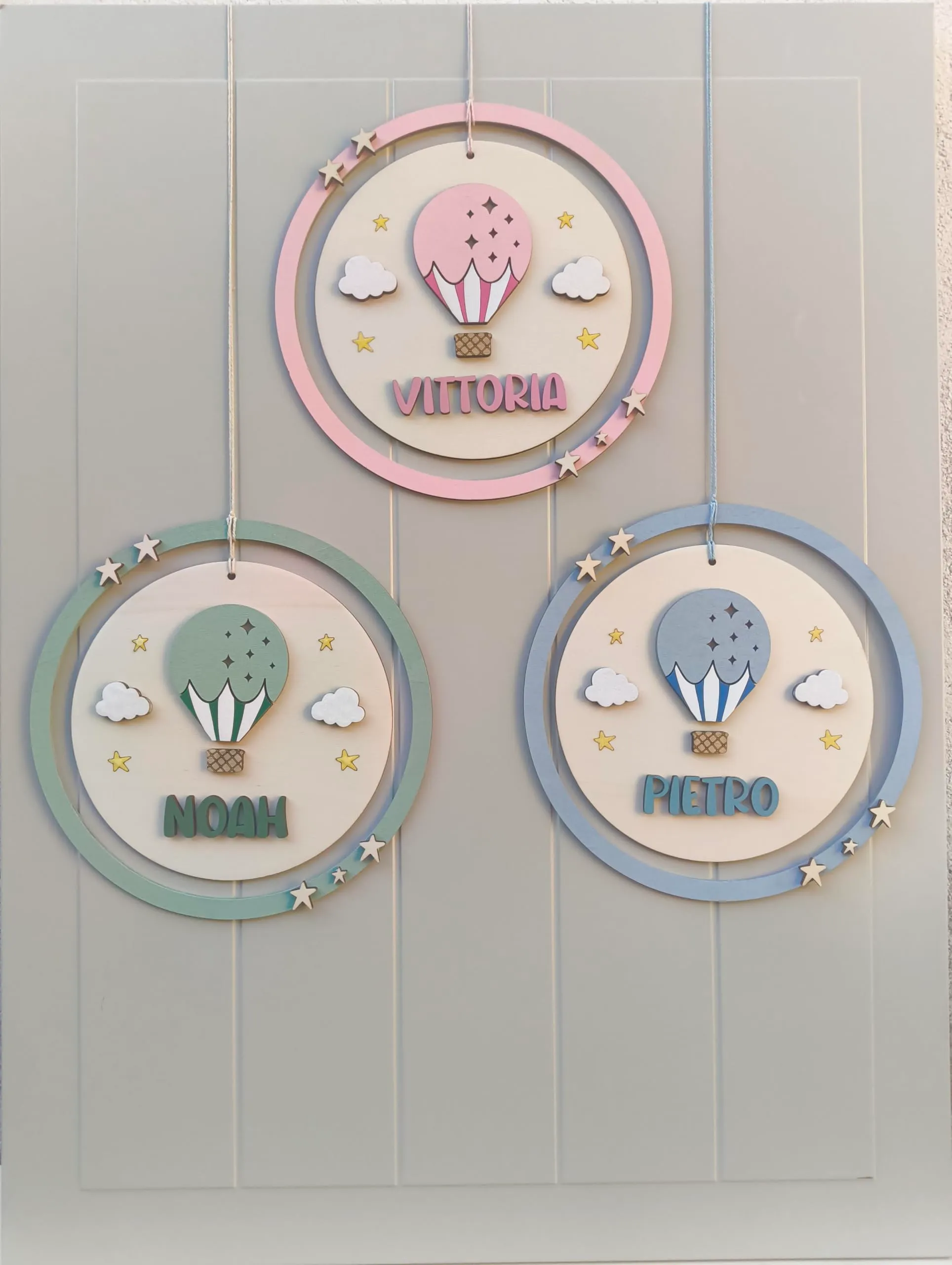 Generico Fiocco Nascita Bimba e Bimbo Mongolfiera, Decorazione Artigianale per Cameretta e Culla, Blu, 30x30 cm - immagine 7