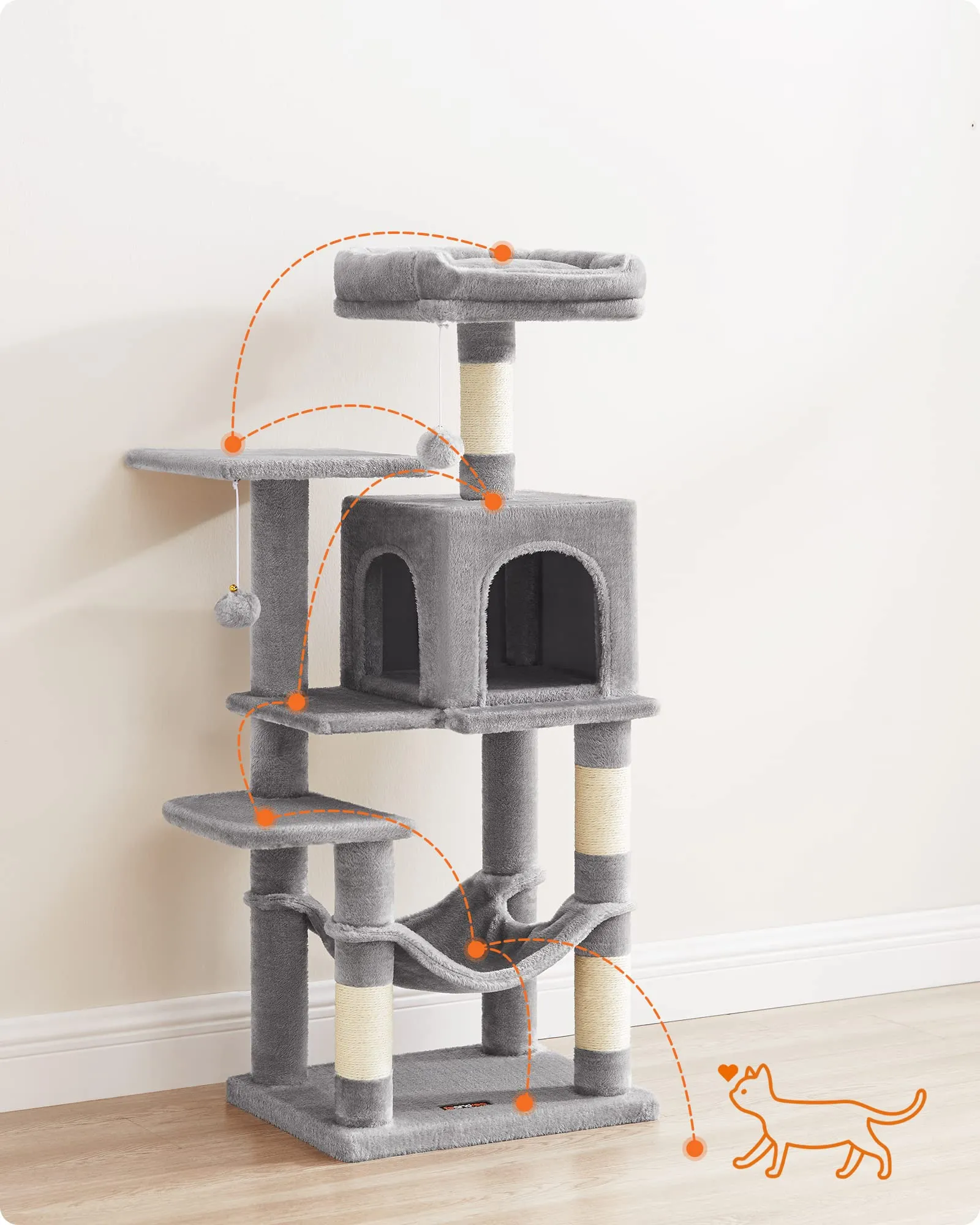 Feandrea Albero per Gatti 112 cm con Tiragraffi, Grotta e Amaca, Grigio Chiaro PCT261W01V1 - immagine 2