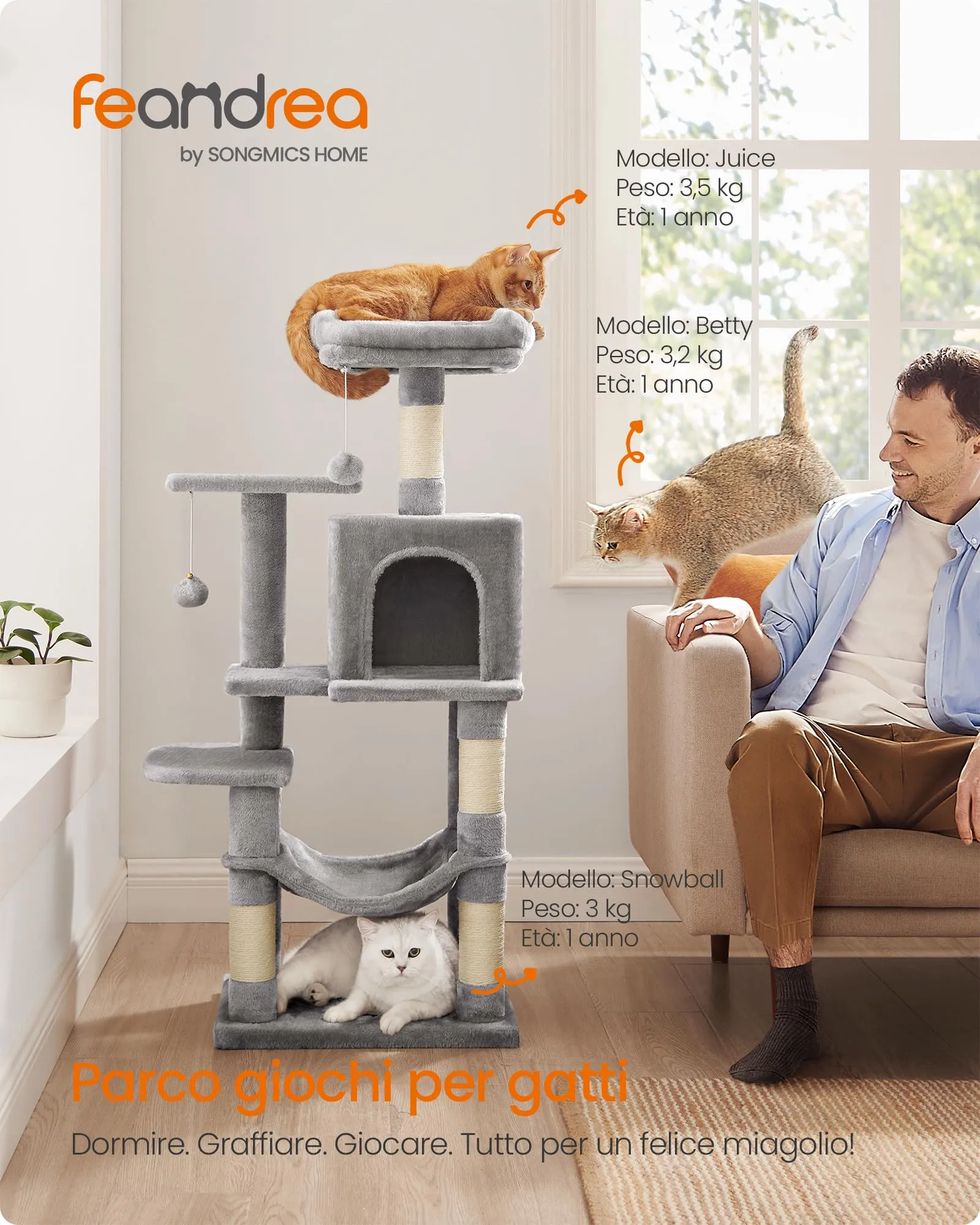 Feandrea Albero per Gatti 112 cm con Tiragraffi, Grotta e Amaca, Grigio Chiaro PCT261W01V1 - immagine 3