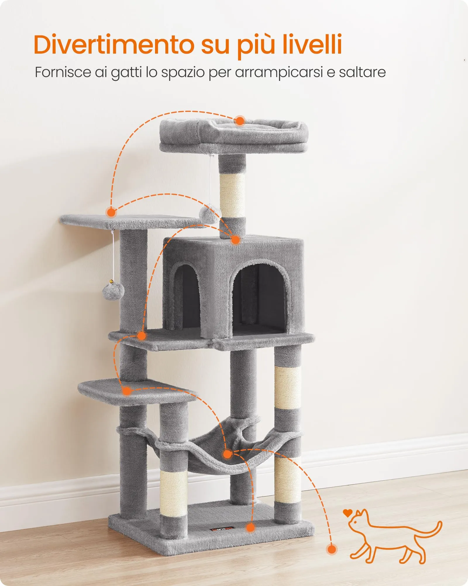 Feandrea Albero per Gatti 112 cm con Tiragraffi, Grotta e Amaca, Grigio Chiaro PCT261W01V1 - immagine 4