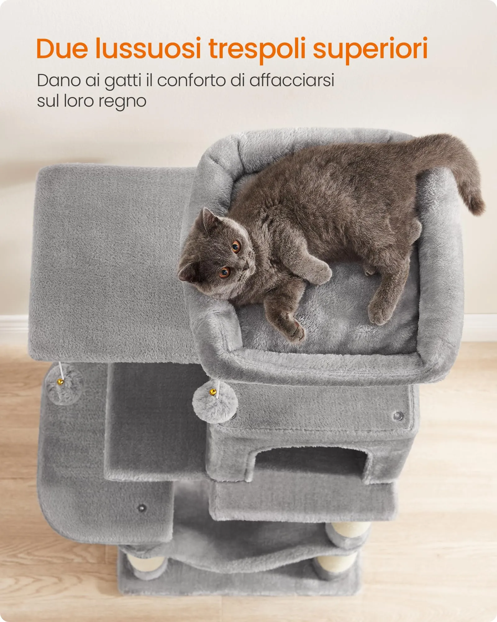 Feandrea Albero per Gatti 112 cm con Tiragraffi, Grotta e Amaca, Grigio Chiaro PCT261W01V1 - immagine 5