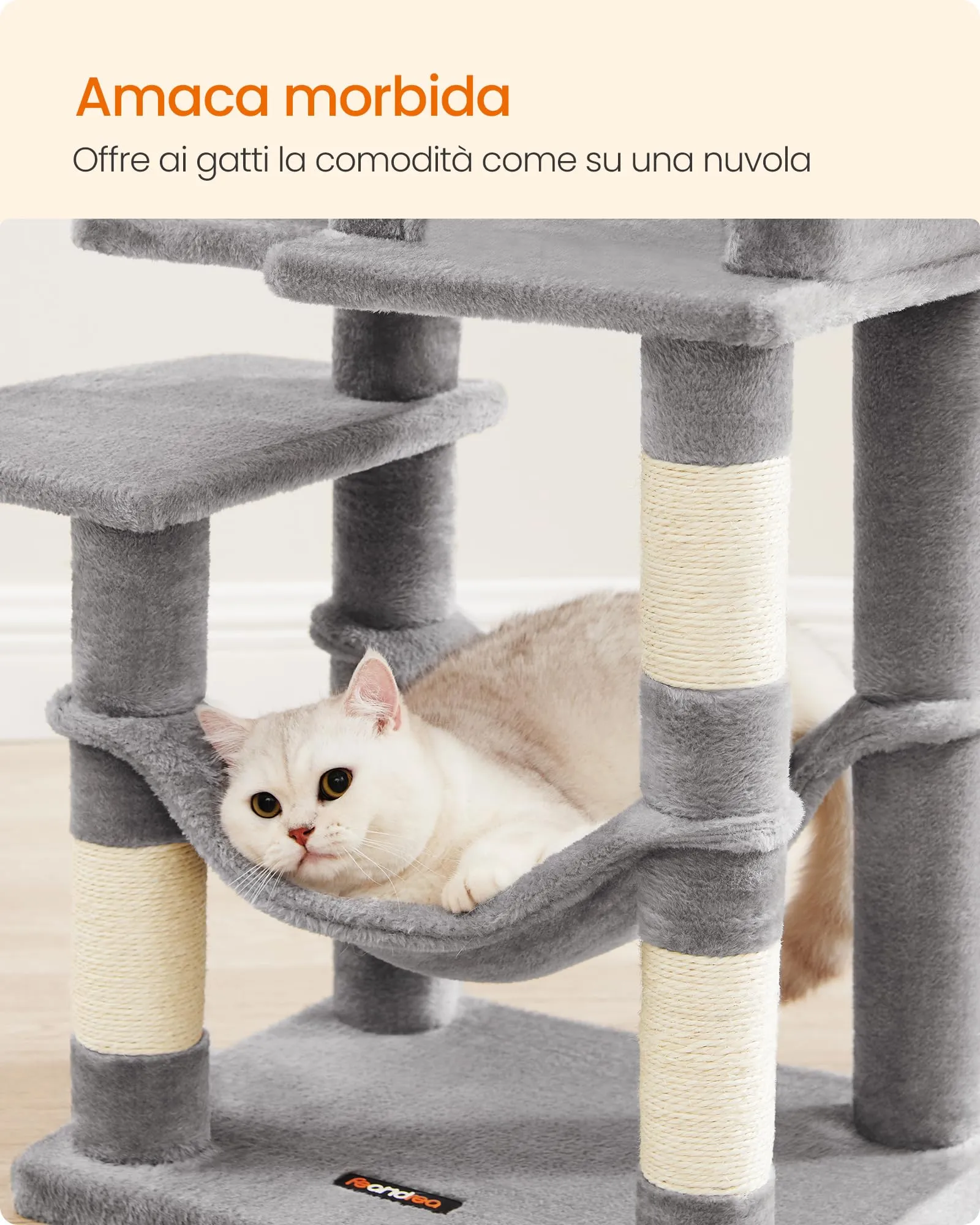 Feandrea Albero per Gatti 112 cm con Tiragraffi, Grotta e Amaca, Grigio Chiaro PCT261W01V1 - immagine 6