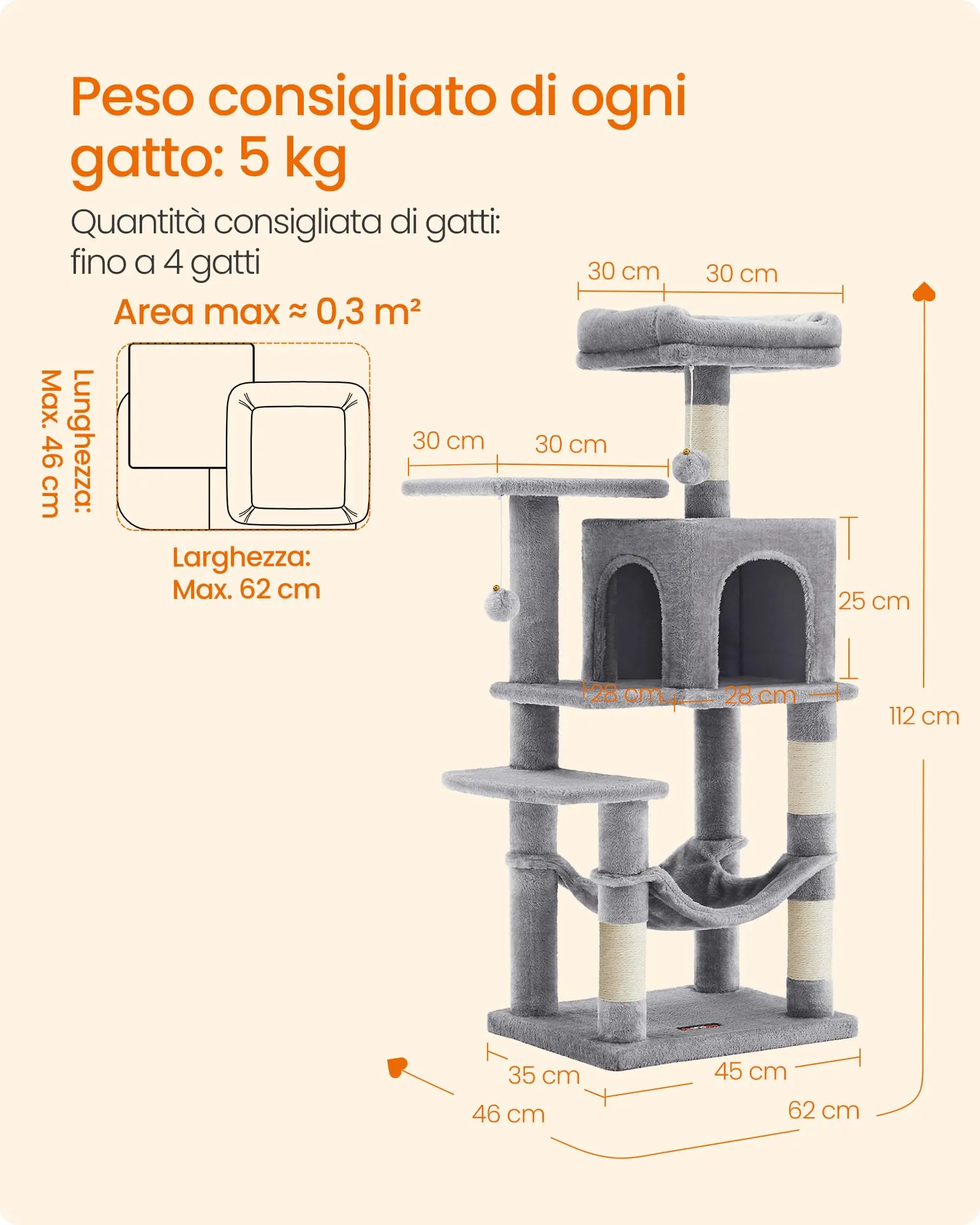 Feandrea Albero per Gatti 112 cm con Tiragraffi, Grotta e Amaca, Grigio Chiaro PCT261W01V1 - immagine 7