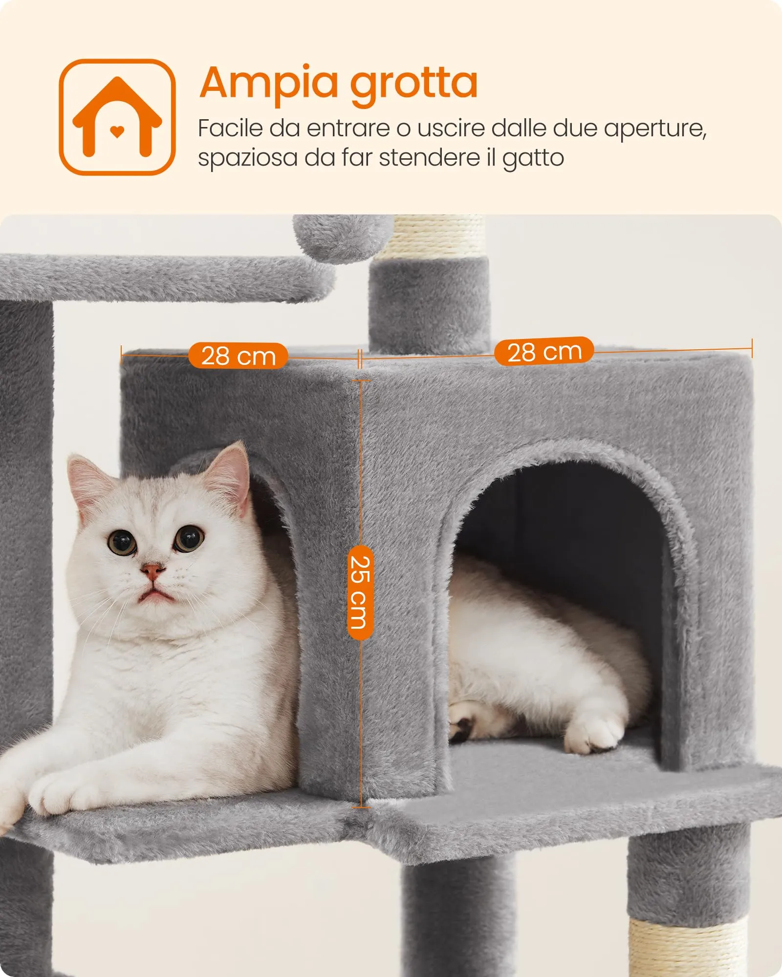Feandrea Albero per Gatti 112 cm con Tiragraffi, Grotta e Amaca, Grigio Chiaro PCT261W01V1 - immagine 8