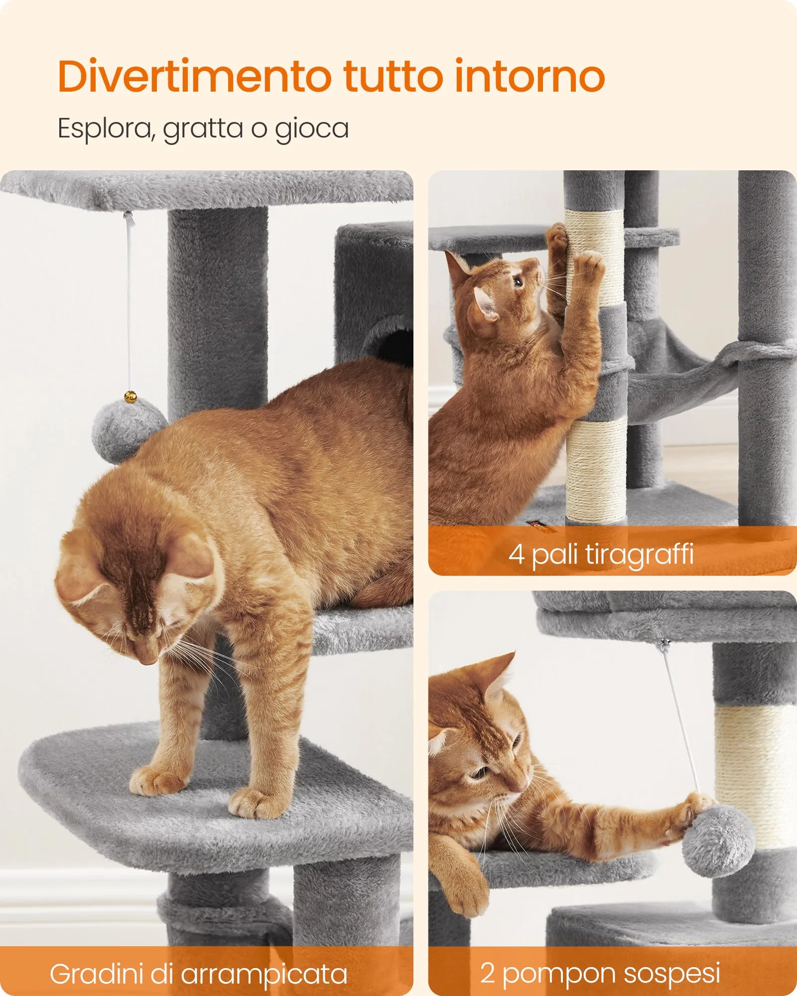 Feandrea Albero per Gatti 112 cm con Tiragraffi, Grotta e Amaca, Grigio Chiaro PCT261W01V1 - immagine 9