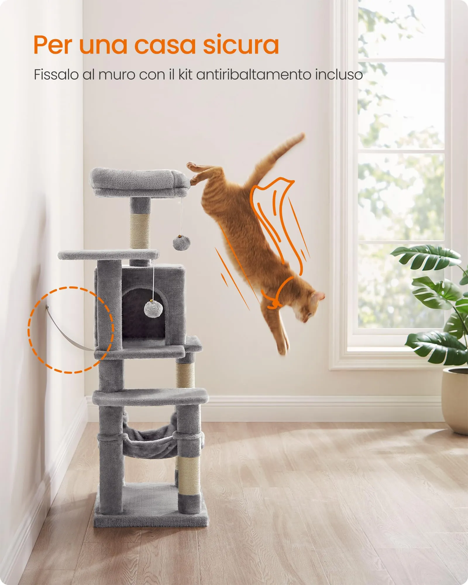 Feandrea Albero per Gatti 112 cm con Tiragraffi, Grotta e Amaca, Grigio Chiaro PCT261W01V1 - immagine 10