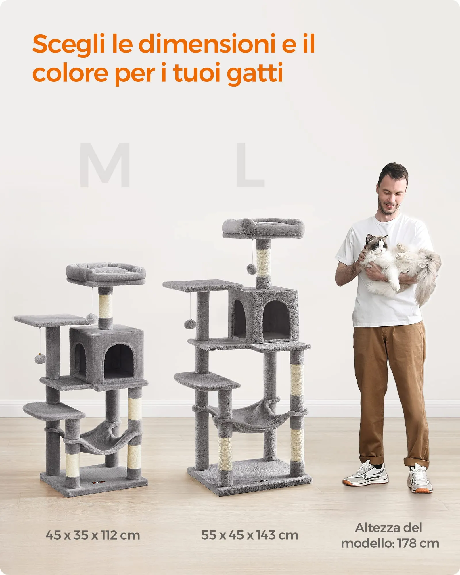 Feandrea Albero per Gatti 112 cm con Tiragraffi, Grotta e Amaca, Grigio Chiaro PCT261W01V1 - immagine 11