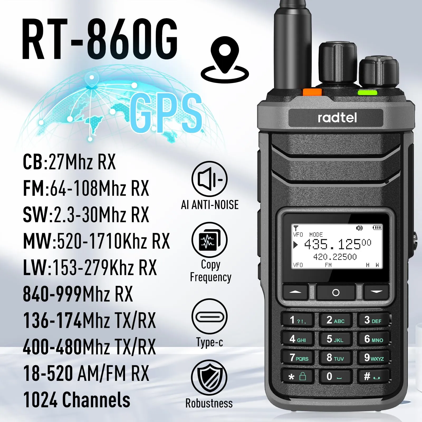Radtel RT-860G GPS Multi-Band Ham Radio HF UHF VHF Dual Band AM USB LSB CW CB LW MW SW SSB, 1024 Canali, Batteria 2000 mAh, Ricarica USB-C - immagine 3