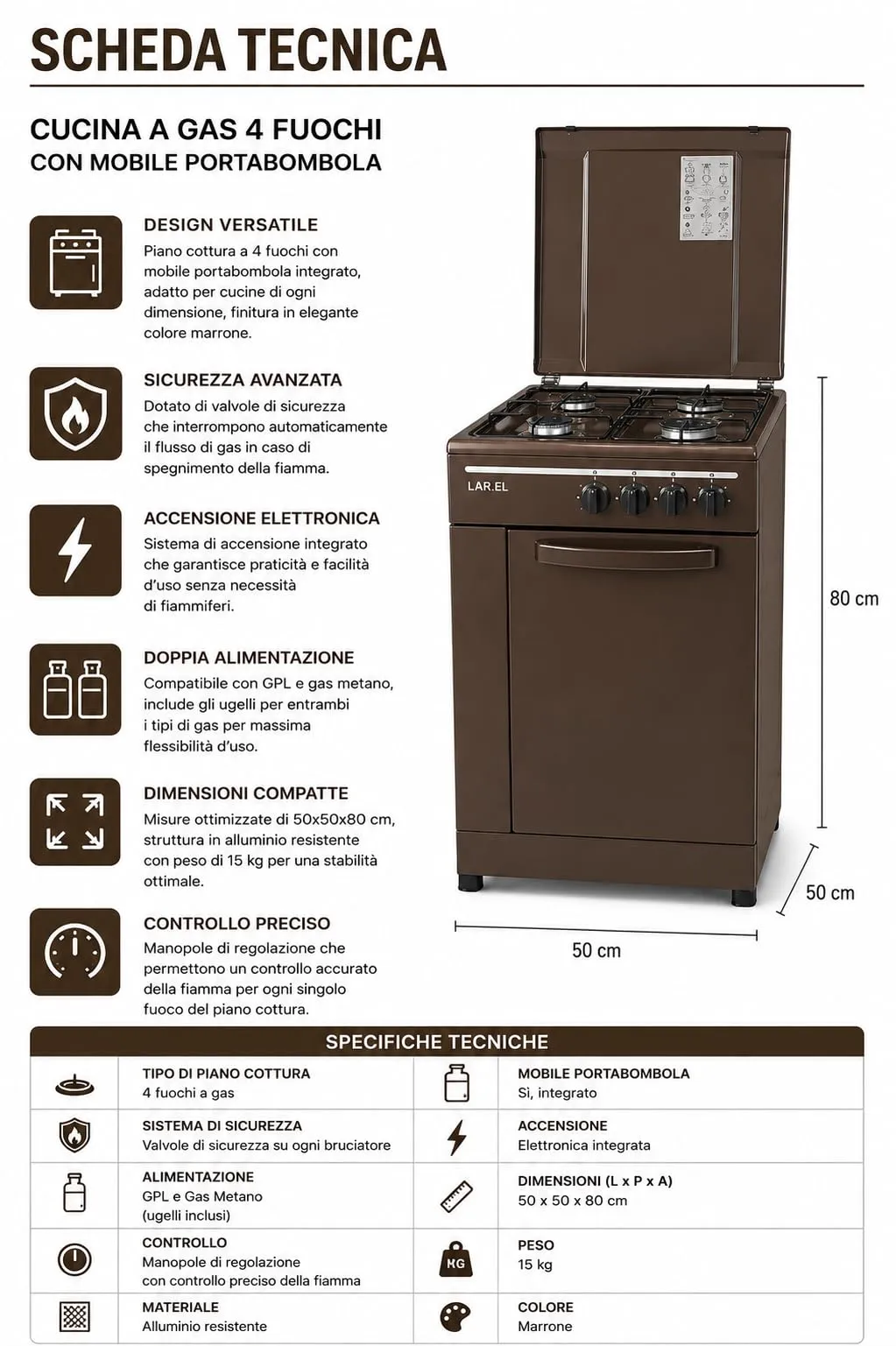 Lar.el Cucina a Gas 4 Fuochi con Mobile Portabombola, Marrone, Accensione Elettronica, GPL/Metano, MOB.S413MW - immagine 5