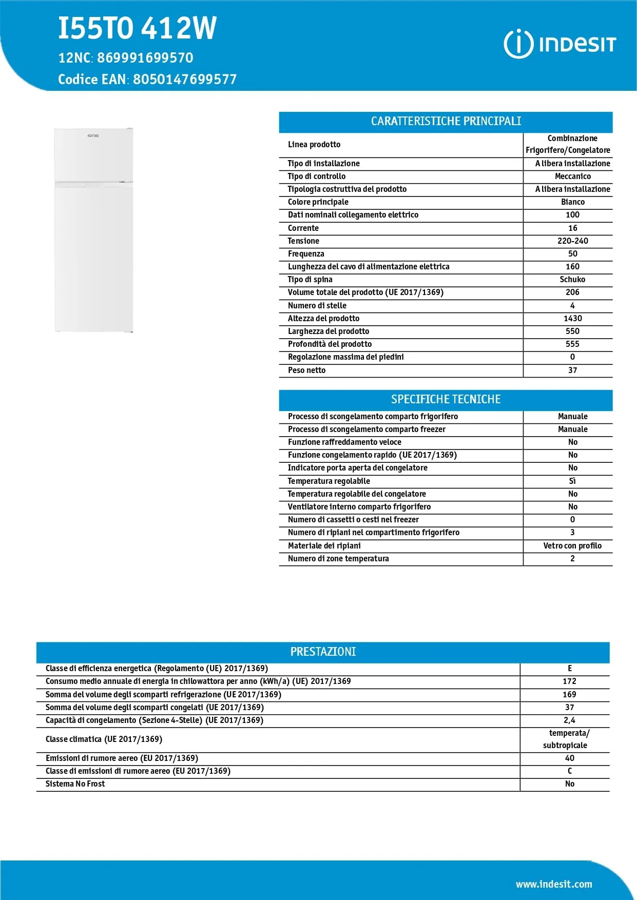 Indesit I55T0 Frigorifero Doppia Porta 206L Bianco - immagine 6