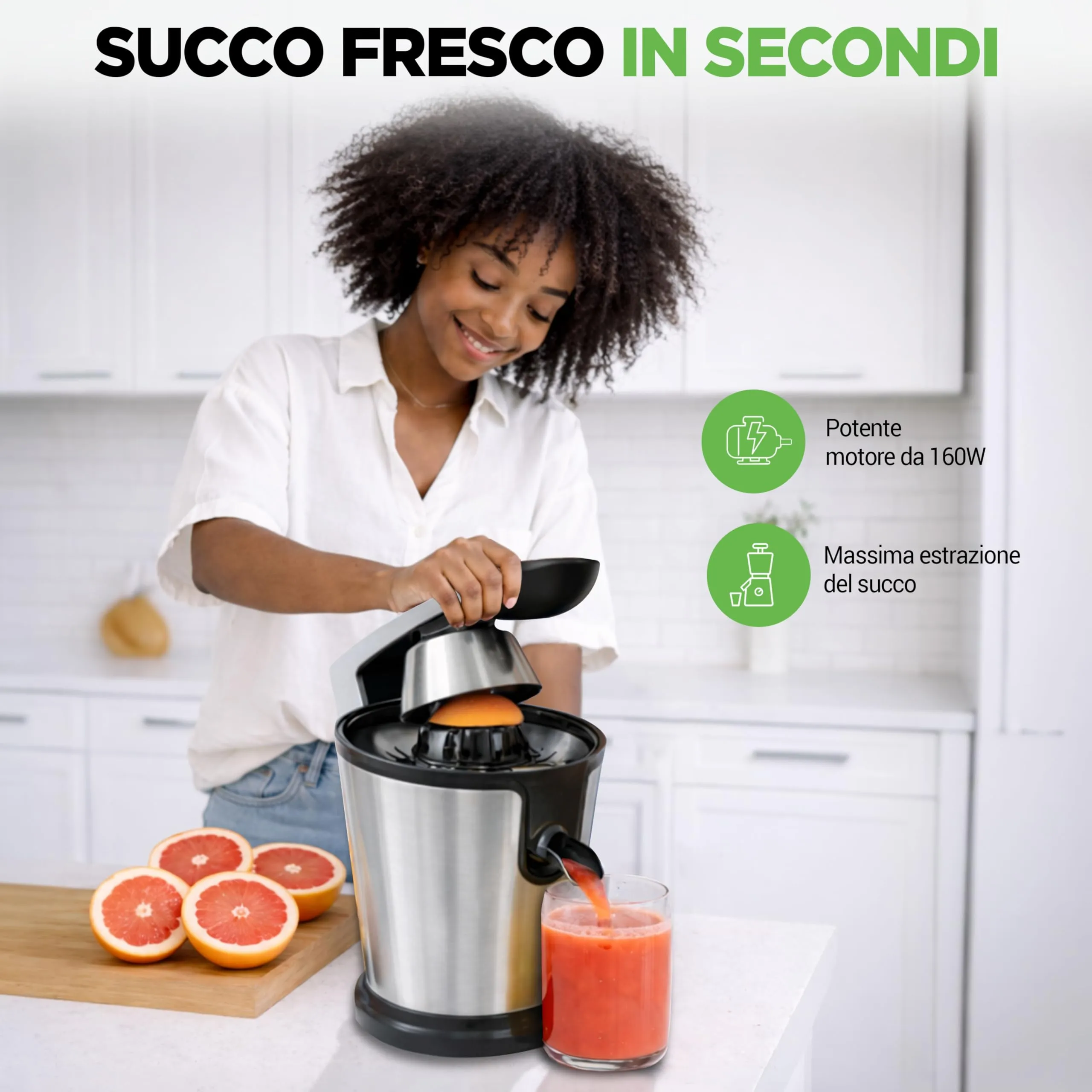 NutriChef Spremiagrumi Elettrico in Acciaio Inox con Pressa Manuale e Filtro Polpa Regolabile, 160 Watt, PKJCR305 - immagine 2