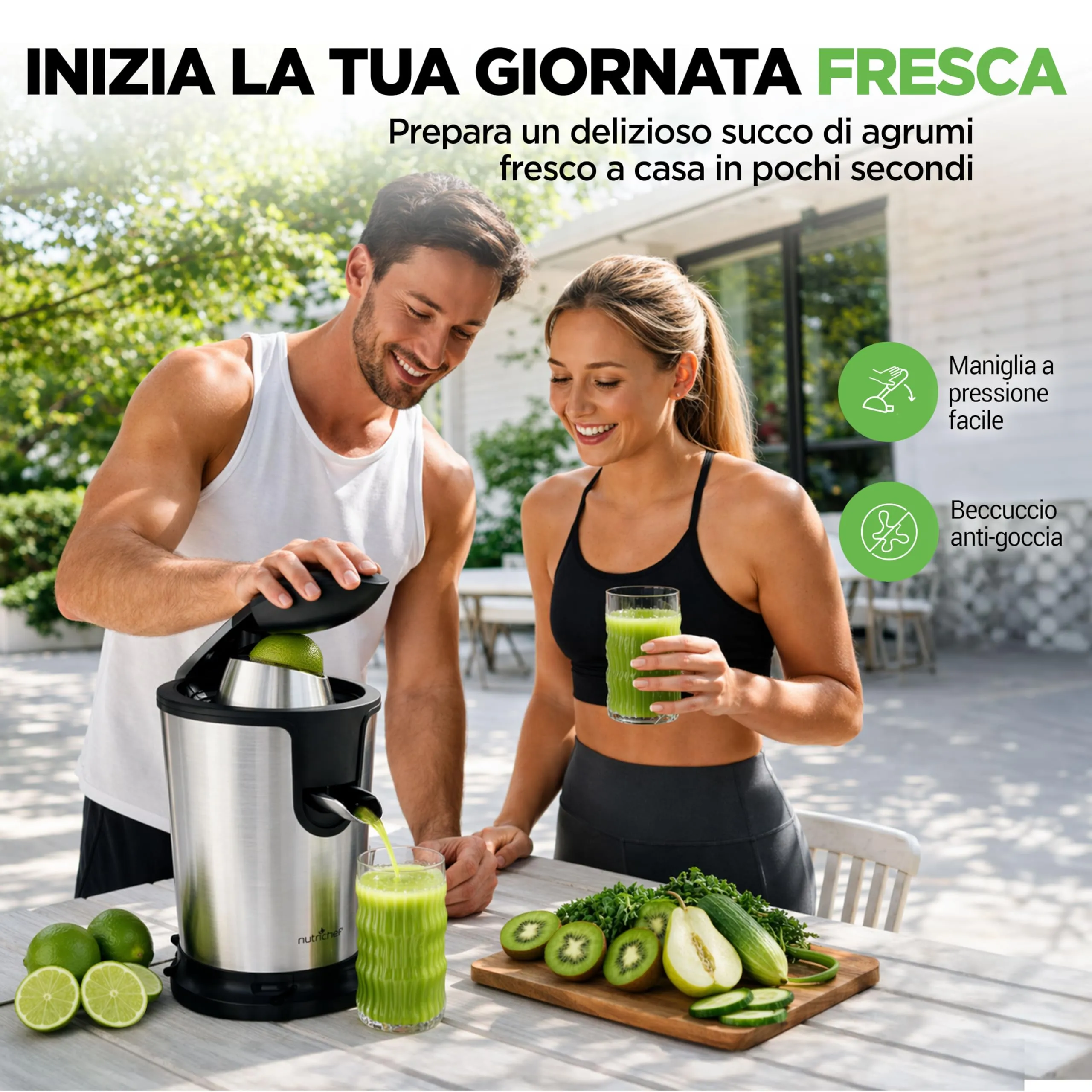 NutriChef Spremiagrumi Elettrico in Acciaio Inox con Pressa Manuale e Filtro Polpa Regolabile, 160 Watt, PKJCR305 - immagine 3