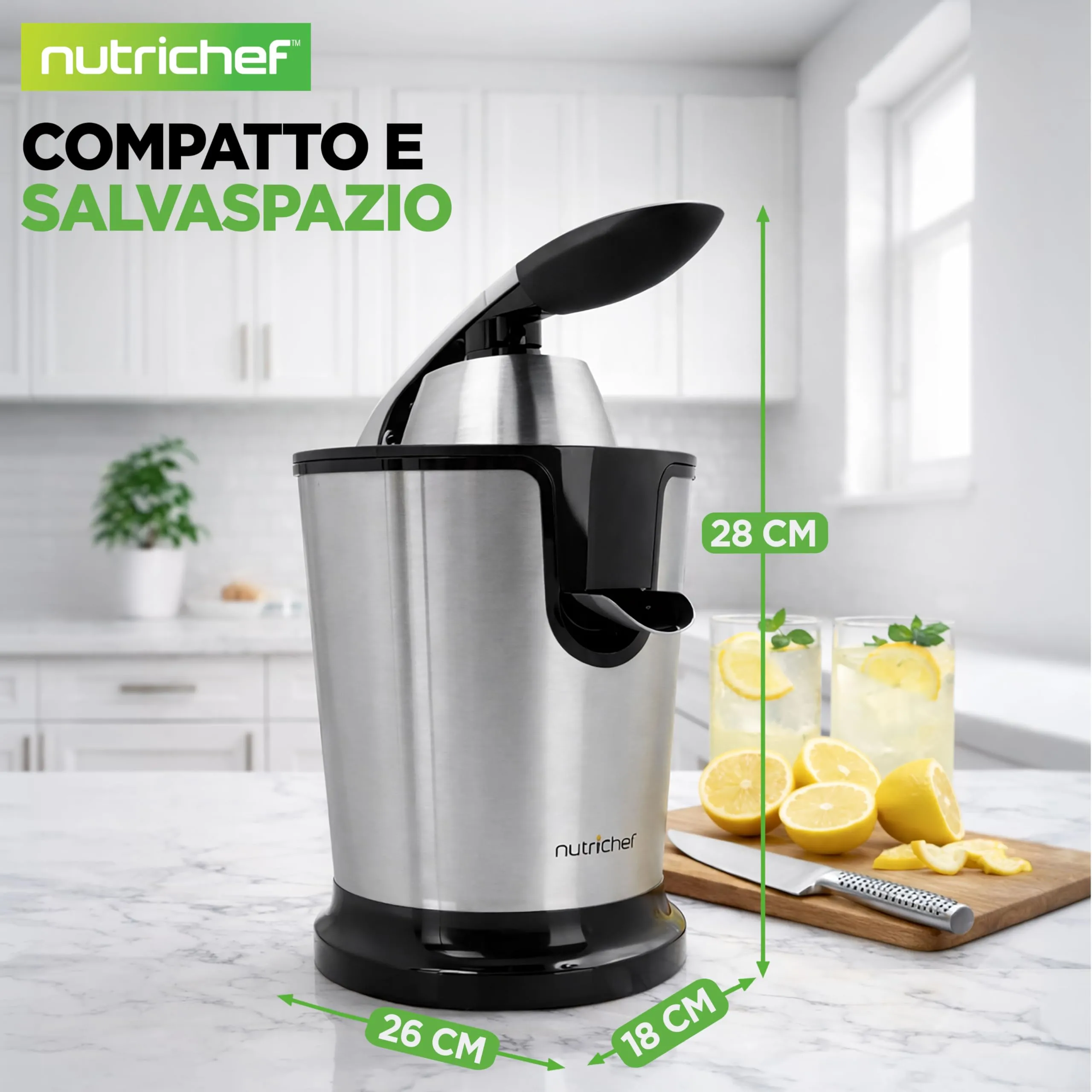 NutriChef Spremiagrumi Elettrico in Acciaio Inox con Pressa Manuale e Filtro Polpa Regolabile, 160 Watt, PKJCR305 - immagine 4