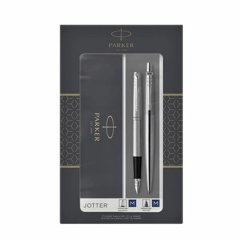 Parker Jotter Duo Set Penna a Sfera e Penna Stilografica, Acciaio Inossidabile con Finiture Cromate, Inchiostro Blu - immagine 1