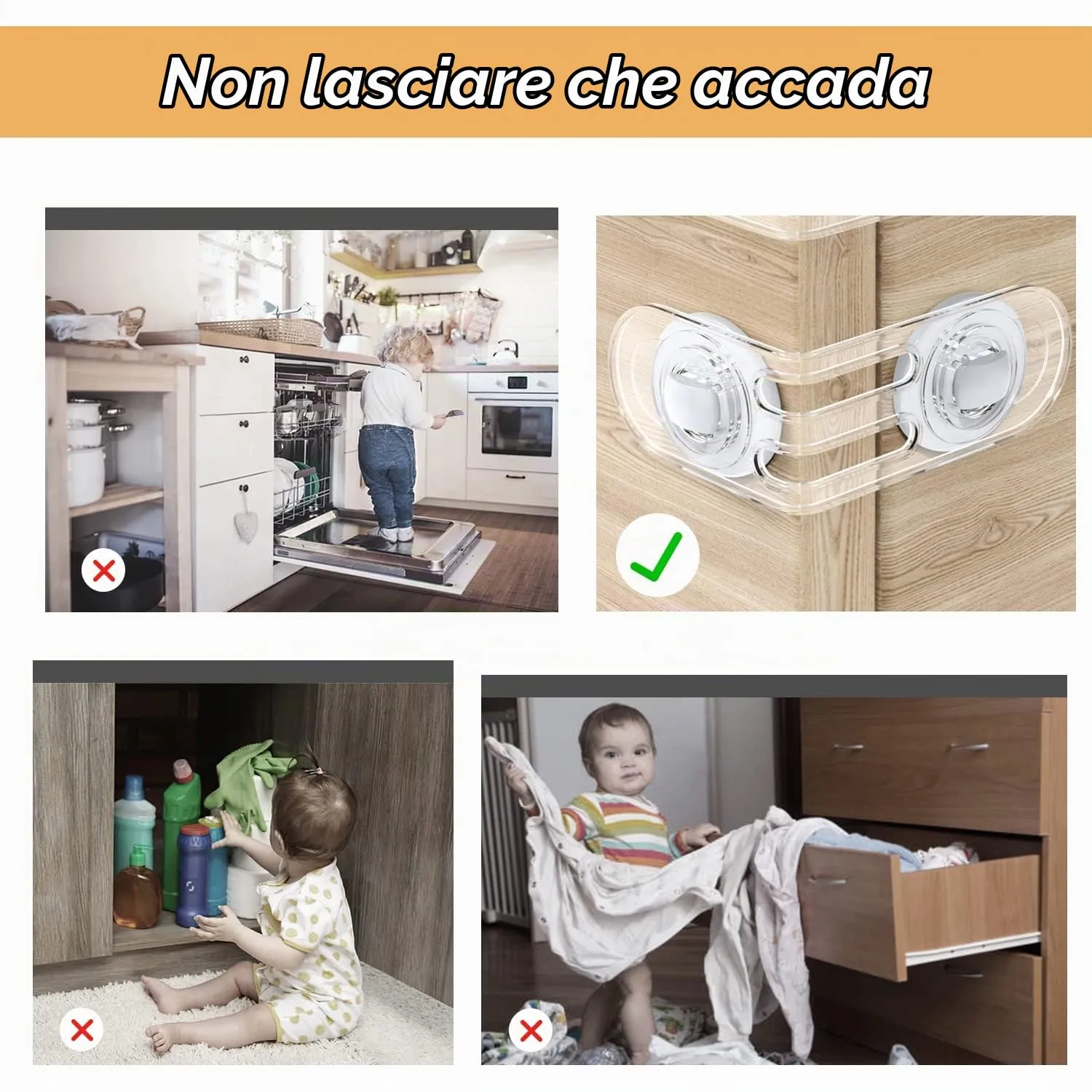 Septeamay Blocca Cassetti per Bambini, Chiusure di Sicurezza per Armadio, Frigorifero e Gabinetto, 12 Pezzi - Trasparente - immagine 8
