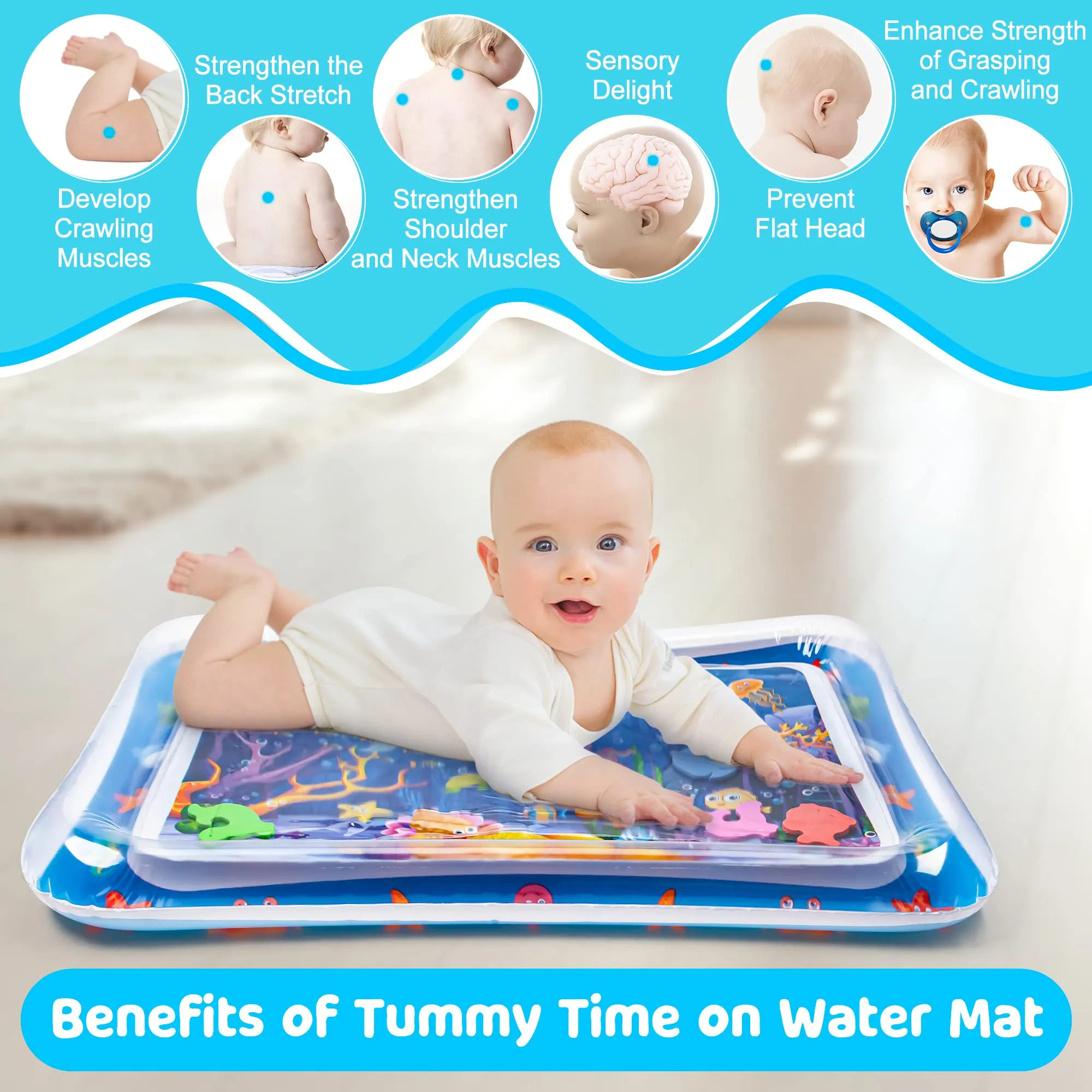 Yeeeasy Tummy Time Tappetino Gonfiabile per Neonati e Bambini 3-12 Mesi, Blu - immagine 3