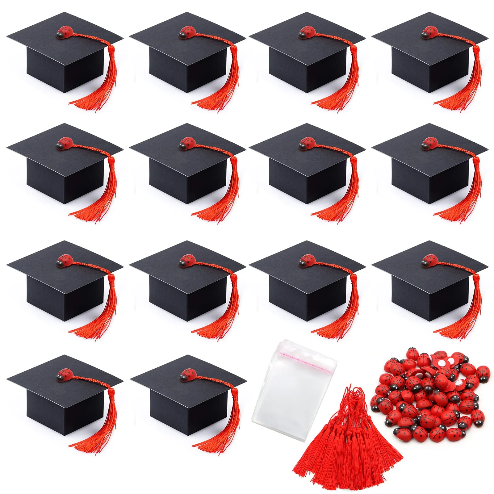 VEGCOO Scatole a Cappello di Laurea per Bomboniere e Caramelle, 60 Pezzi, Rosso - immagine 1