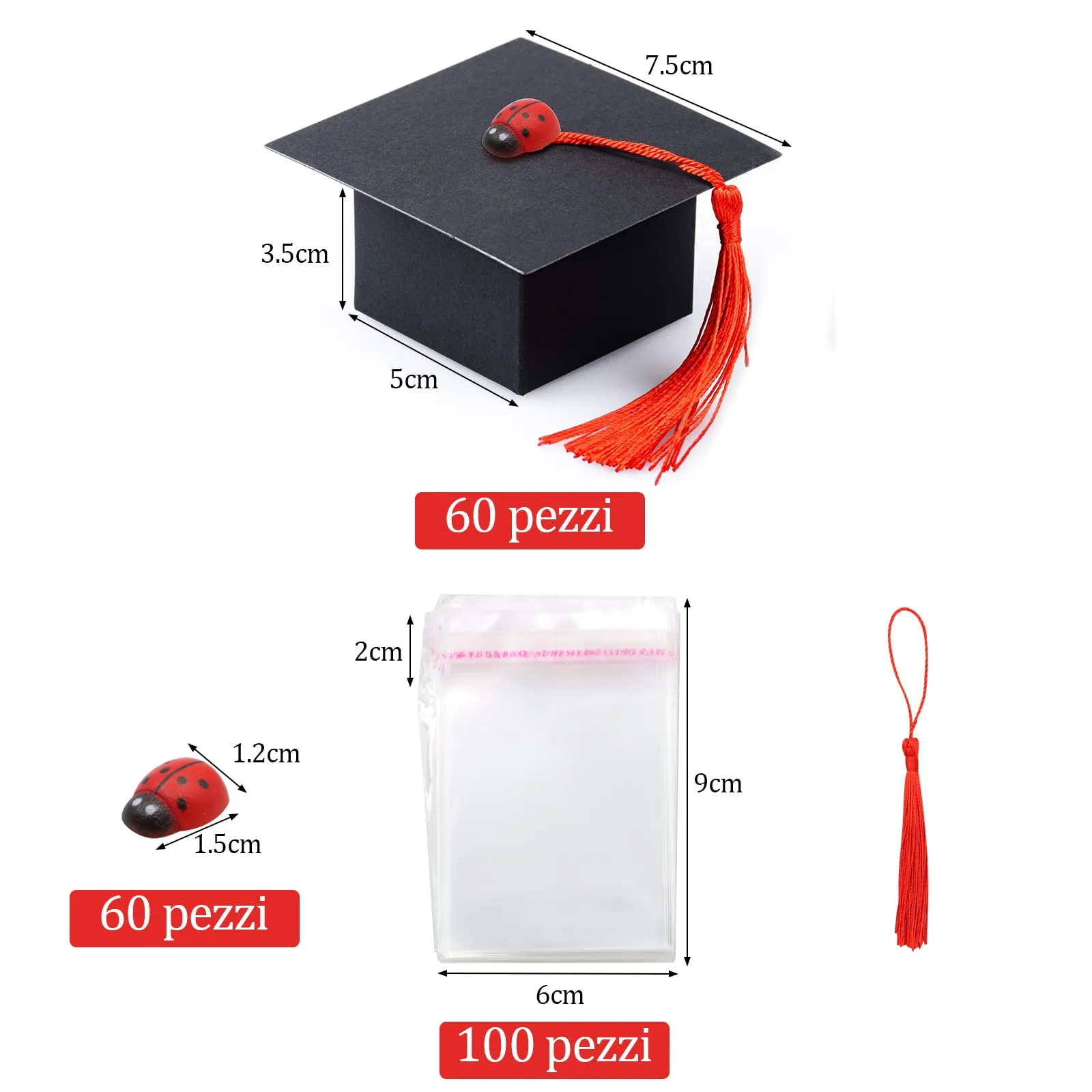 VEGCOO Scatole a Cappello di Laurea per Bomboniere e Caramelle, 60 Pezzi, Rosso - immagine 2