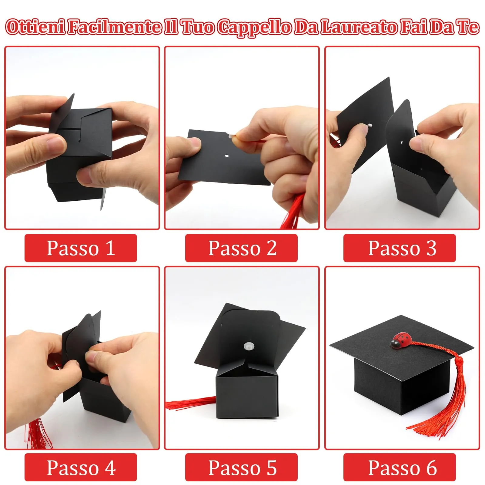 VEGCOO Scatole a Cappello di Laurea per Bomboniere e Caramelle, 60 Pezzi, Rosso - immagine 3