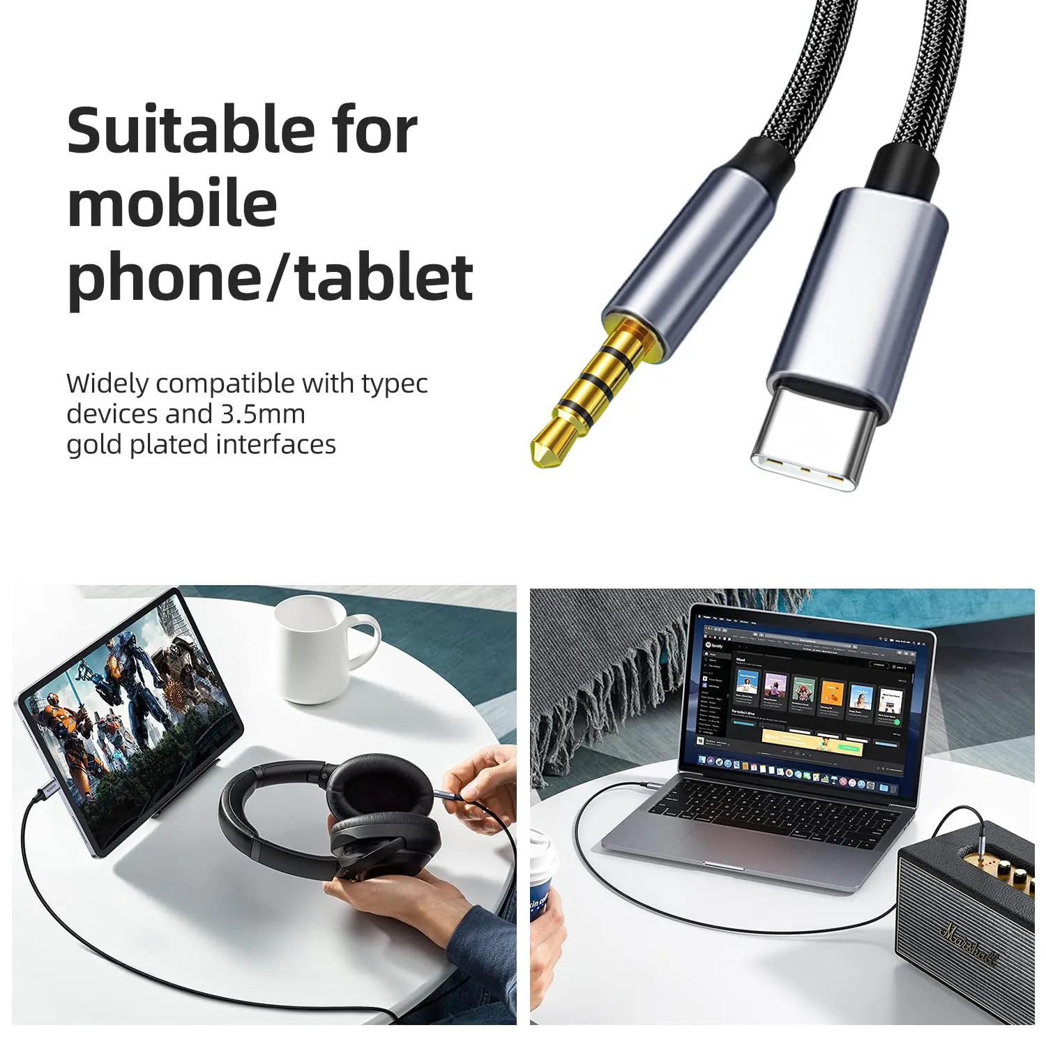 Unnderwiss Cavo Aux USB Type-C a 3.5mm Jack Audio 1m Argento - Compatibile con Samsung Galaxy S23, S20 - immagine 4