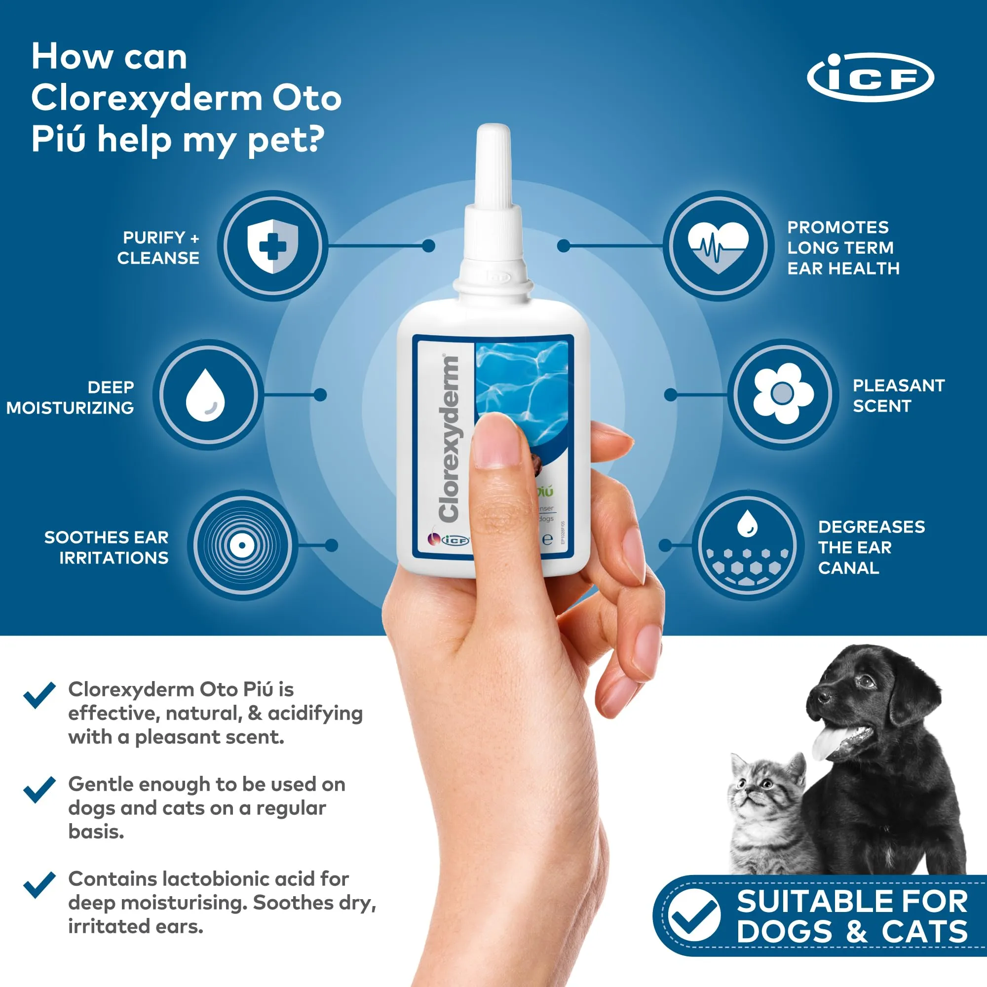 ICF Clorexyderm Oto Più Soluzione per la Pulizia delle Orecchie di Cani e Gatti 150 ml - immagine 2