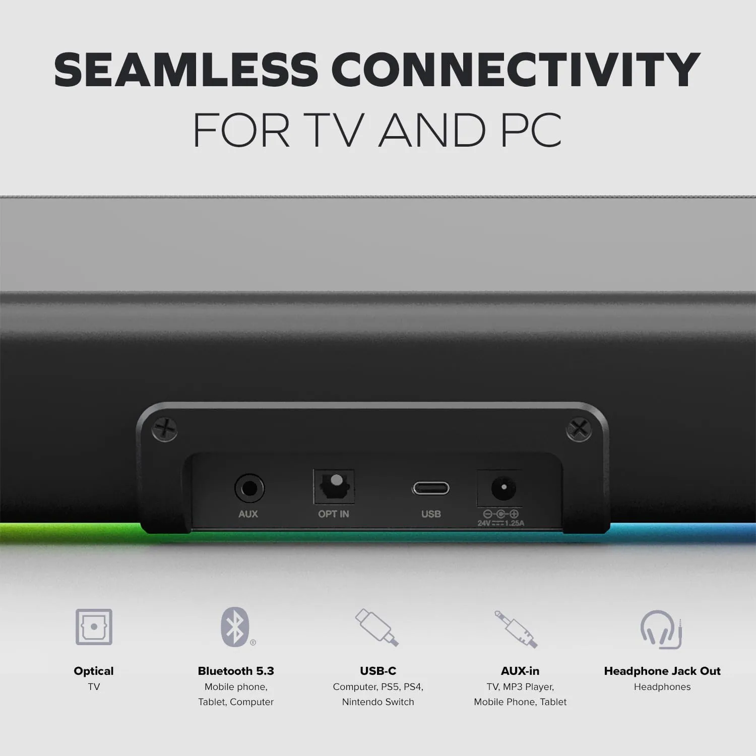Creative Sound Blaster GS5 RGB Gaming Soundbar, SuperWide, 60W Peak Power, Bluetooth 5.4, Optical-in, for PC and TV - immagine 5
