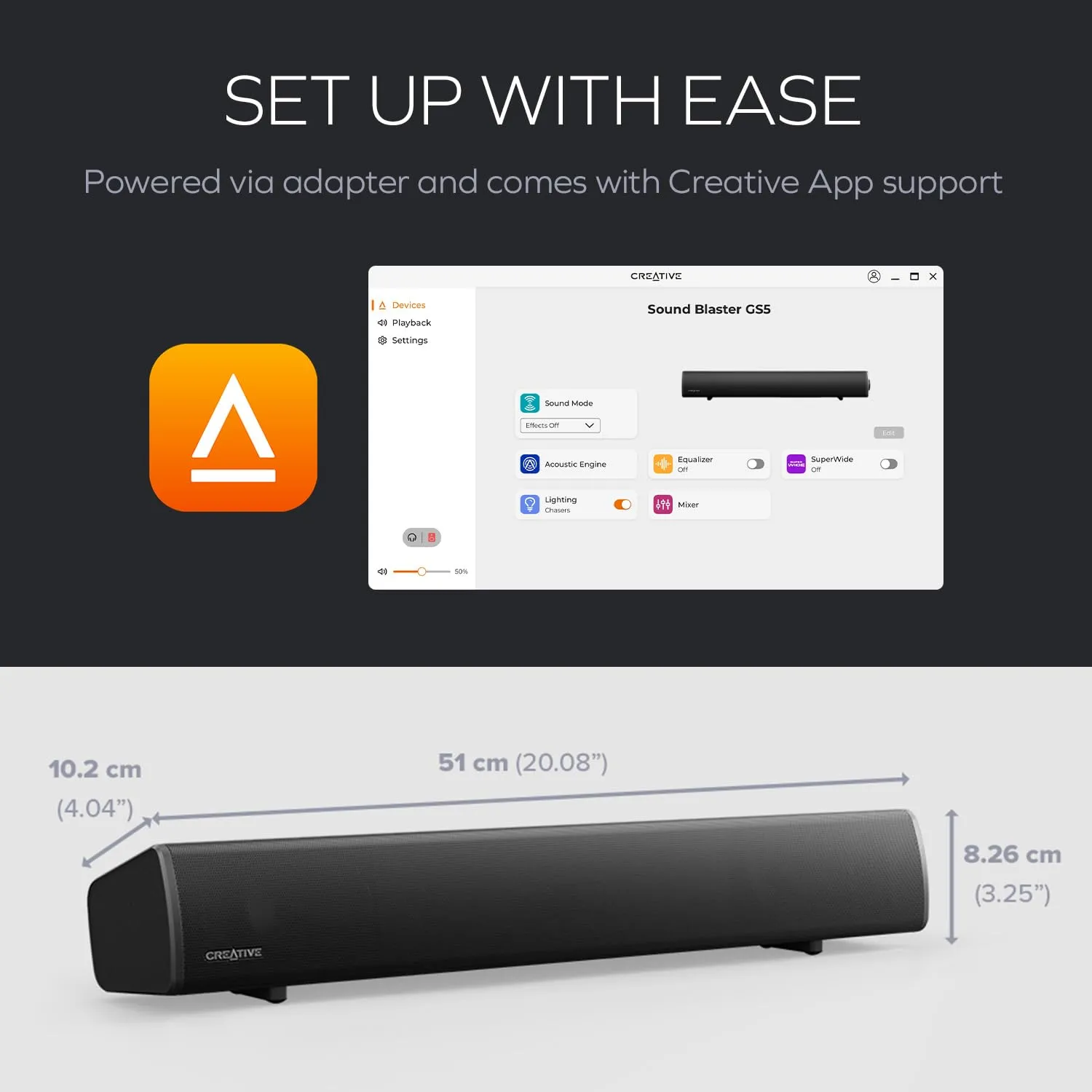 Creative Sound Blaster GS5 RGB Gaming Soundbar, SuperWide, 60W Peak Power, Bluetooth 5.4, Optical-in, for PC and TV - immagine 6