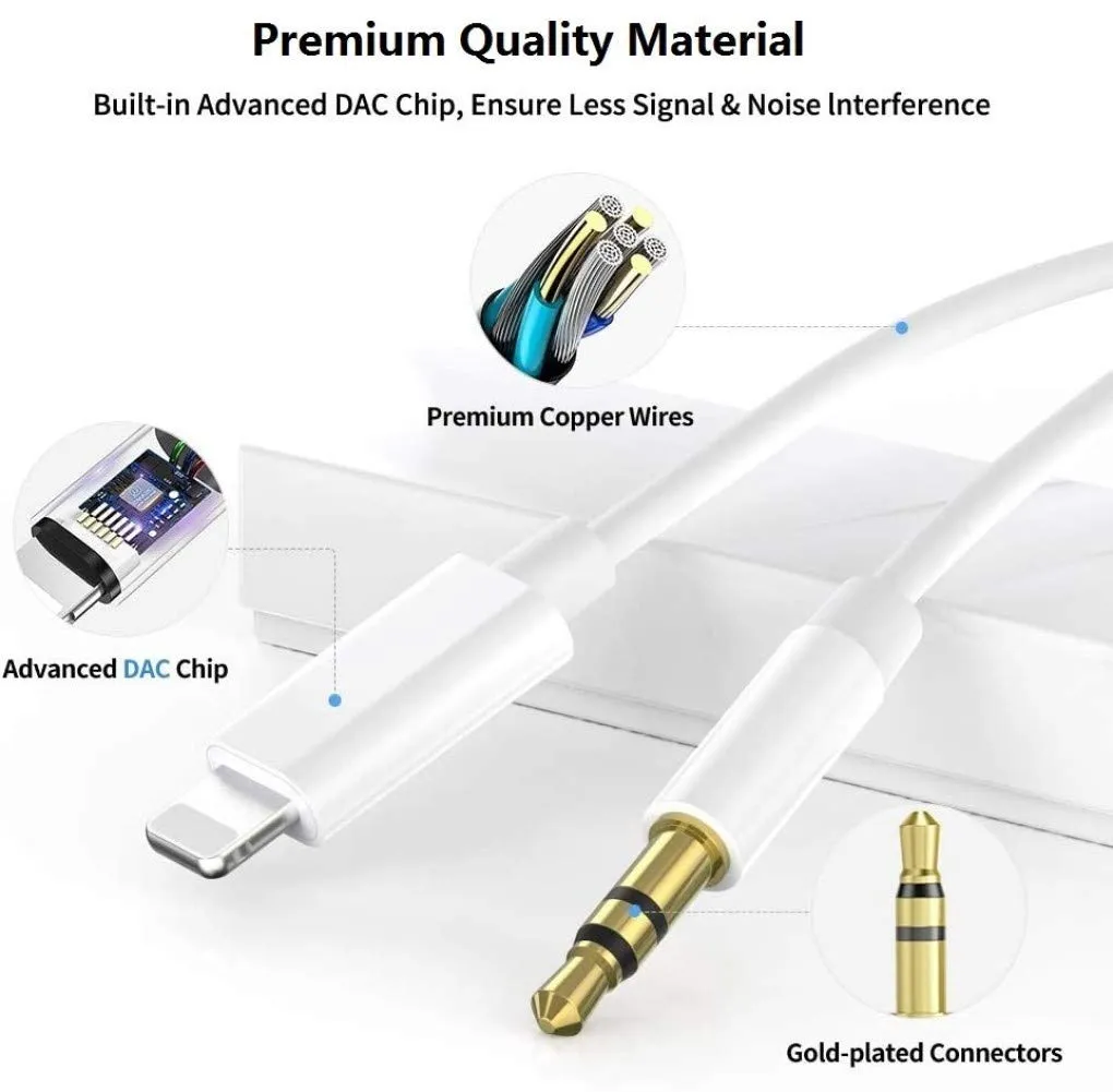 Bamkey Cavo Aux Lightning a Jack 3,5mm Certificato MFi, 1,2M per iPhone 14/13/12/11/8/7/6 Plus, White - immagine 2
