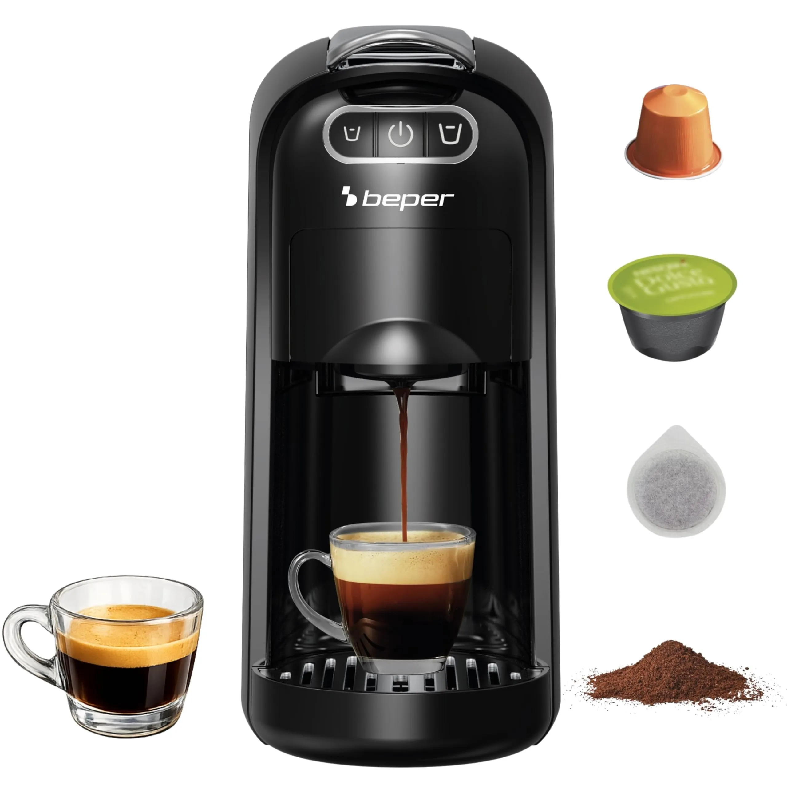 BEPER P101CAF200 Amata Macchina Caffè Espresso 4 in 1, 20 Bar, Compatibile con Capsule Nespresso, Dolce Gusto, Cialde ESE e Caffè Macinato, 1400W, Serbatoio 700 ml, Nero - immagine 1