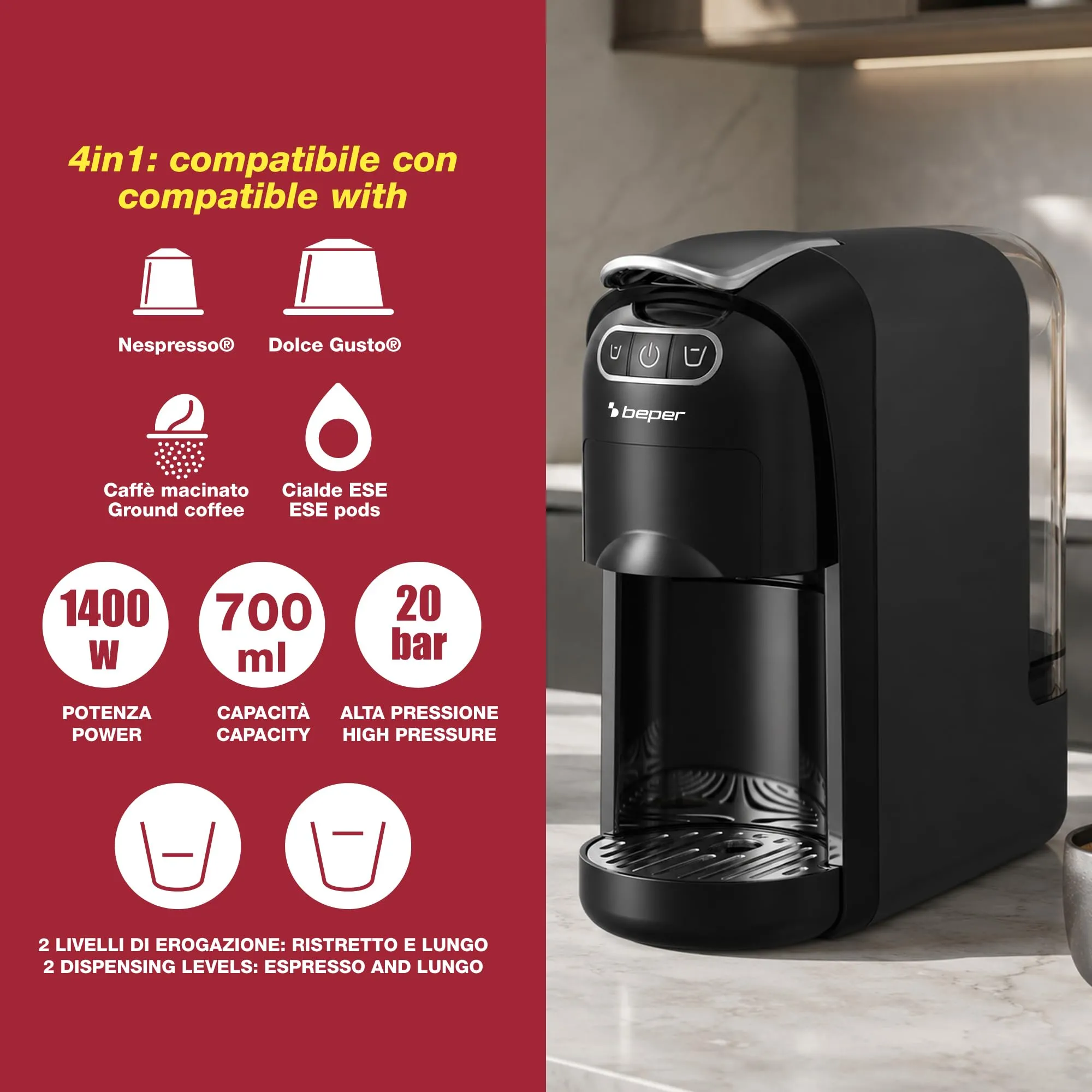 BEPER P101CAF200 Amata Macchina Caffè Espresso 4 in 1, 20 Bar, Compatibile con Capsule Nespresso, Dolce Gusto, Cialde ESE e Caffè Macinato, 1400W, Serbatoio 700 ml, Nero - immagine 2