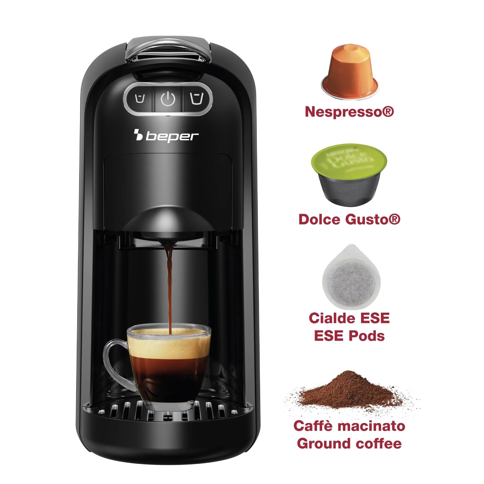 BEPER P101CAF200 Amata Macchina Caffè Espresso 4 in 1, 20 Bar, Compatibile con Capsule Nespresso, Dolce Gusto, Cialde ESE e Caffè Macinato, 1400W, Serbatoio 700 ml, Nero - immagine 3