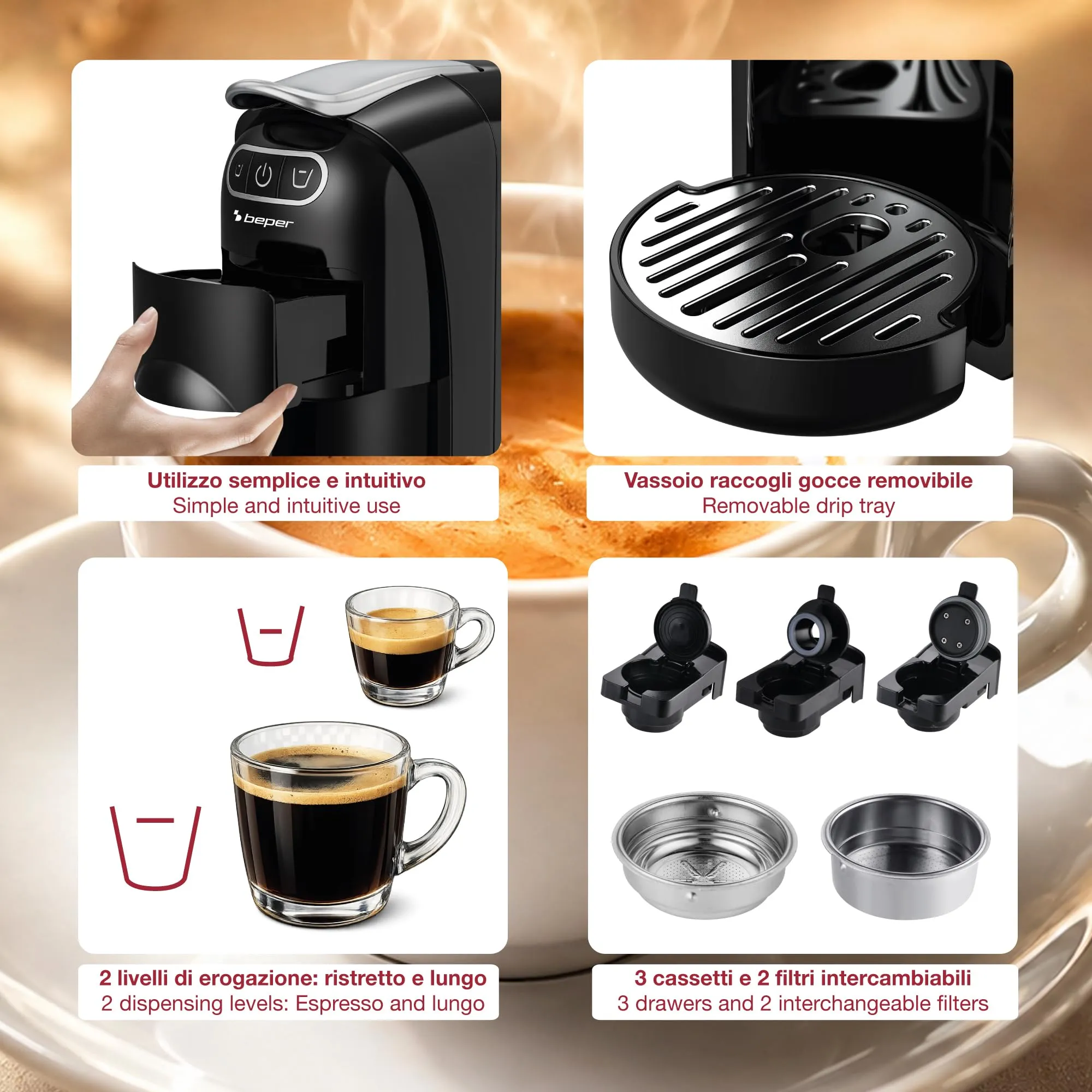 BEPER P101CAF200 Amata Macchina Caffè Espresso 4 in 1, 20 Bar, Compatibile con Capsule Nespresso, Dolce Gusto, Cialde ESE e Caffè Macinato, 1400W, Serbatoio 700 ml, Nero - immagine 4