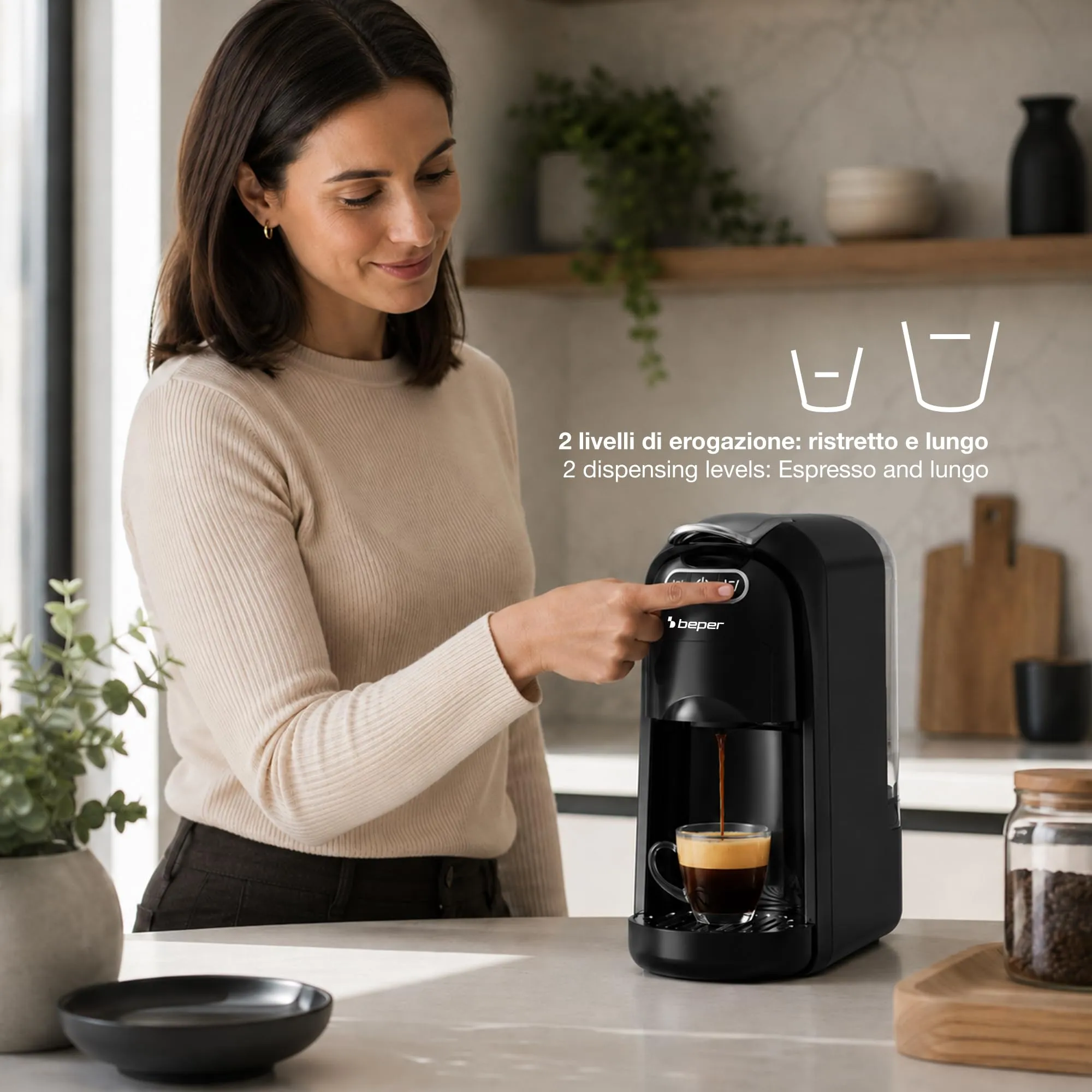 BEPER P101CAF200 Amata Macchina Caffè Espresso 4 in 1, 20 Bar, Compatibile con Capsule Nespresso, Dolce Gusto, Cialde ESE e Caffè Macinato, 1400W, Serbatoio 700 ml, Nero - immagine 6