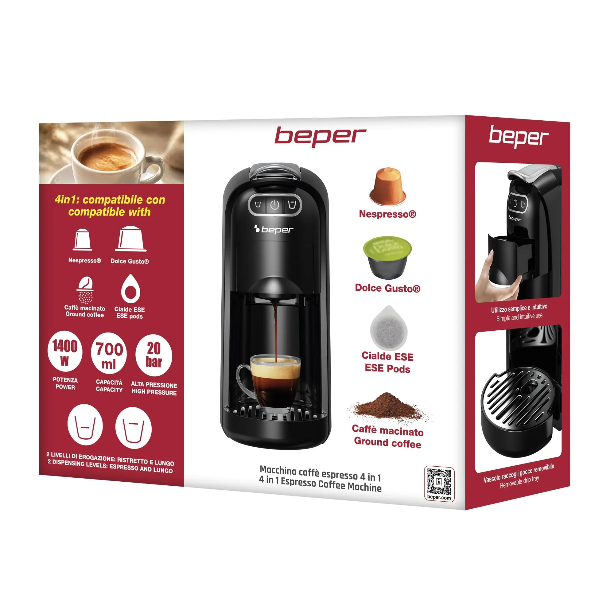BEPER P101CAF200 Amata Macchina Caffè Espresso 4 in 1, 20 Bar, Compatibile con Capsule Nespresso, Dolce Gusto, Cialde ESE e Caffè Macinato, 1400W, Serbatoio 700 ml, Nero - immagine 8