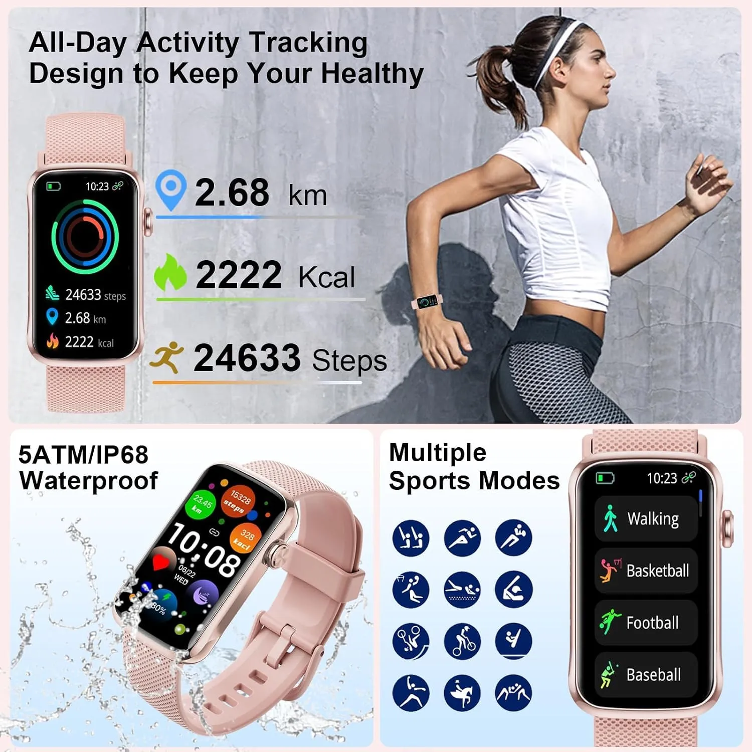Matast Smartwatch 2026, Fitness Tracker con Cardiofrequenzimetro, Sonno e Contapassi, Schermo HD 1.47", Chiamate Bluetooth, IP68, Oro rosa brillante - immagine 3