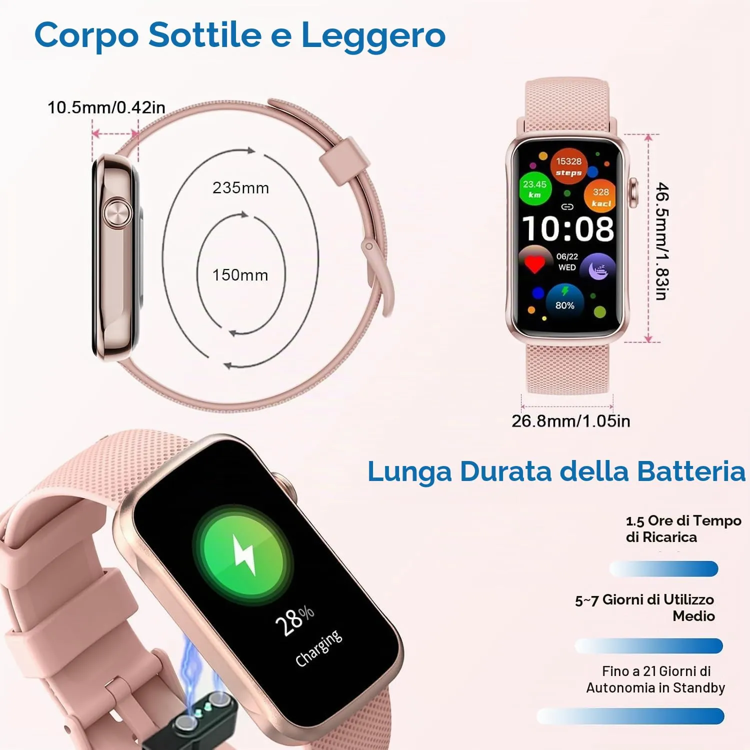 Matast Smartwatch 2026, Fitness Tracker con Cardiofrequenzimetro, Sonno e Contapassi, Schermo HD 1.47", Chiamate Bluetooth, IP68, Oro rosa brillante - immagine 7