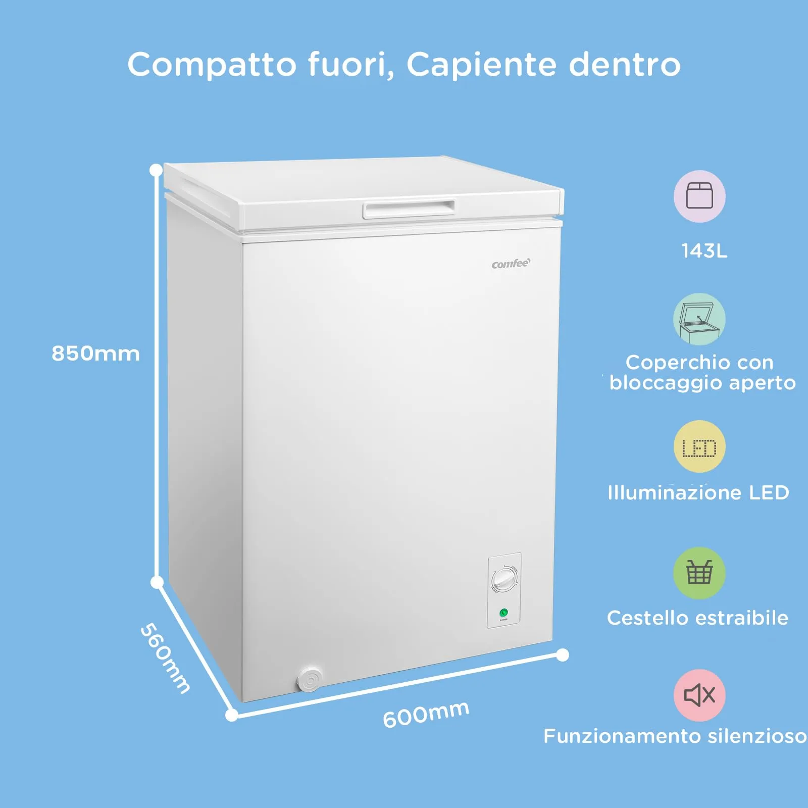 COMFEE' Congelatore a Pozzetto 143L Convertibile Congelatore/Frigorifero RCC146WH2EU(E) Bianco - immagine 2