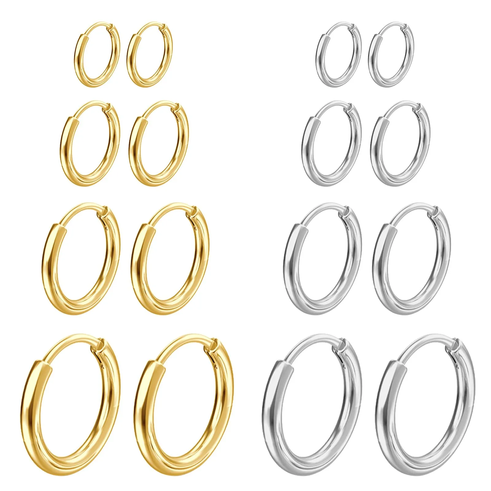 NHDDGR 8 Paia di Orecchini a Cerchio in Acciaio Inossidabile 316L, Argento e Oro, 8-14mm - immagine 1