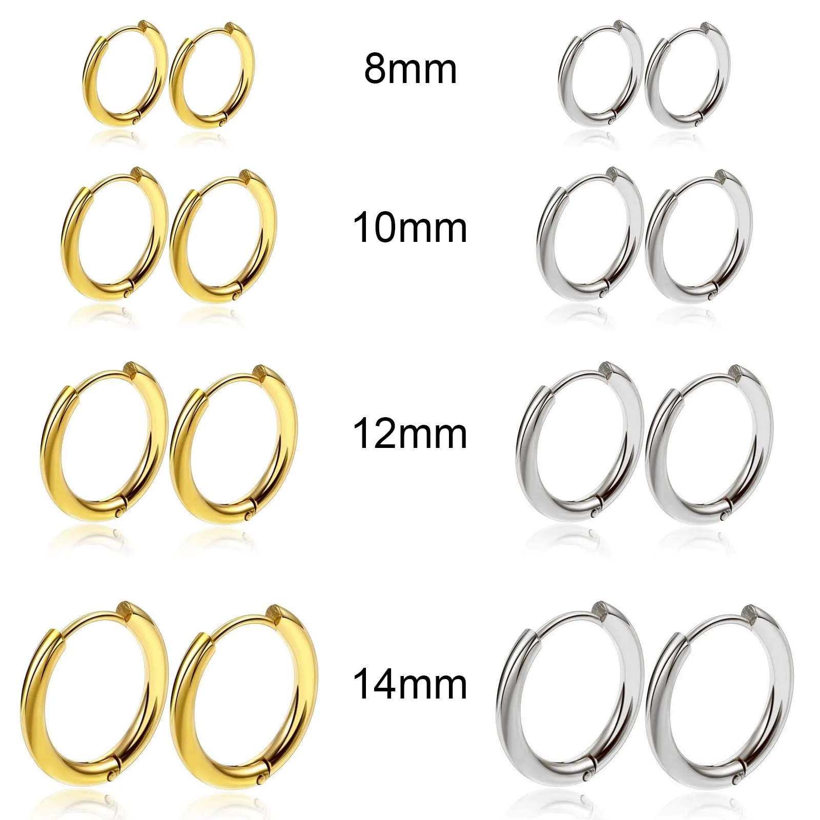 NHDDGR 8 Paia di Orecchini a Cerchio in Acciaio Inossidabile 316L, Argento e Oro, 8-14mm - immagine 3