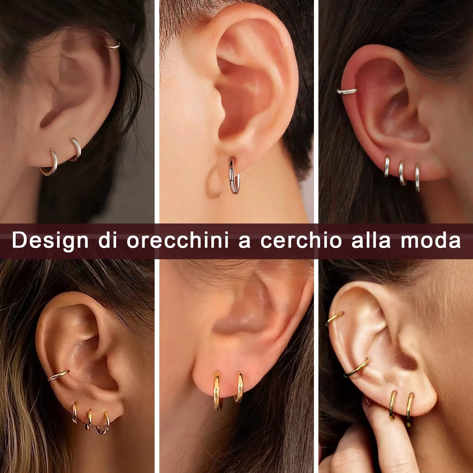 NHDDGR 8 Paia di Orecchini a Cerchio in Acciaio Inossidabile 316L, Argento e Oro, 8-14mm - immagine 4
