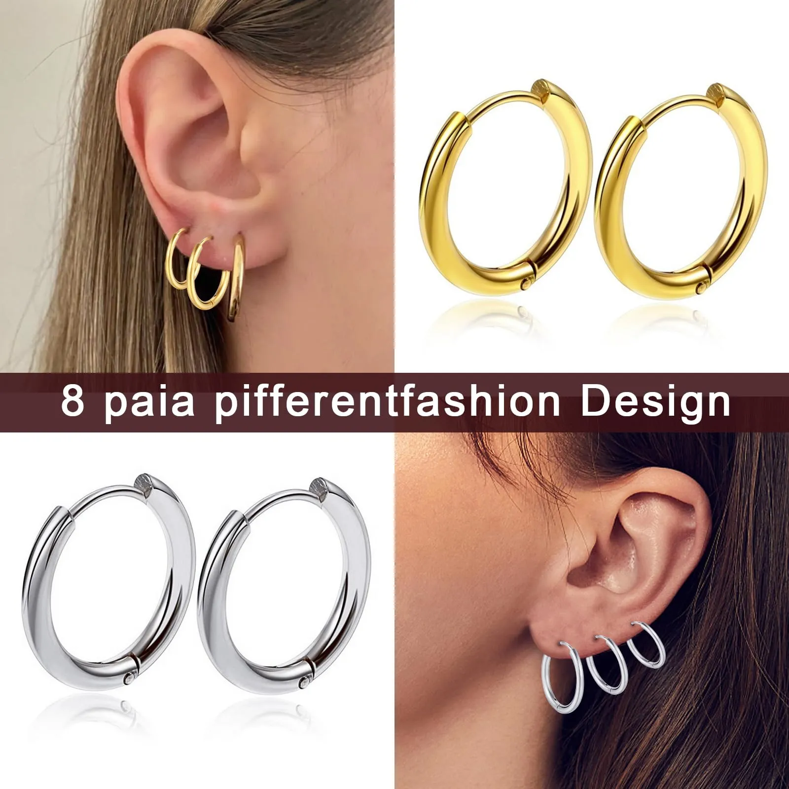 NHDDGR 8 Paia di Orecchini a Cerchio in Acciaio Inossidabile 316L, Argento e Oro, 8-14mm - immagine 5