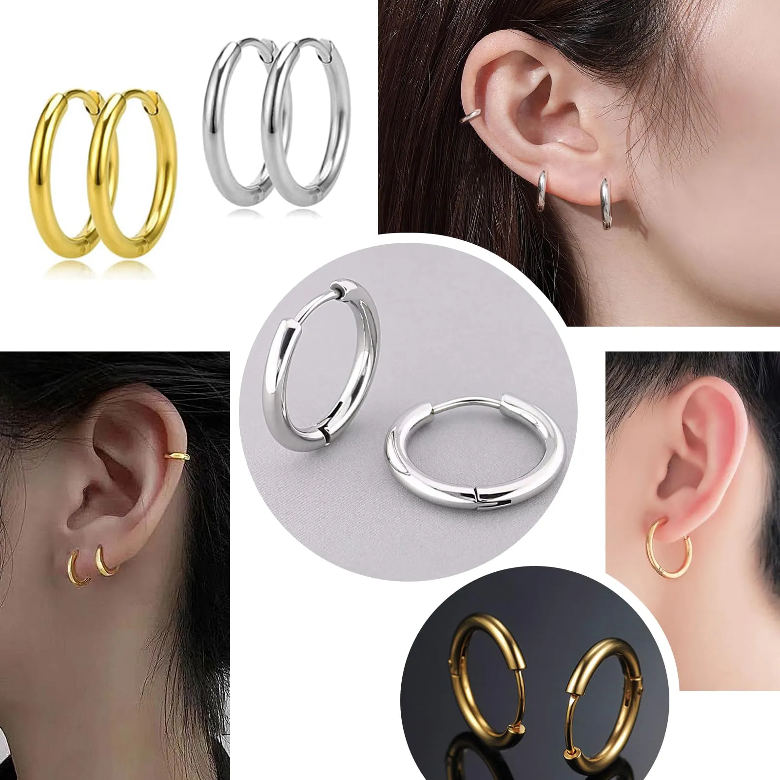 NHDDGR 8 Paia di Orecchini a Cerchio in Acciaio Inossidabile 316L, Argento e Oro, 8-14mm - immagine 6