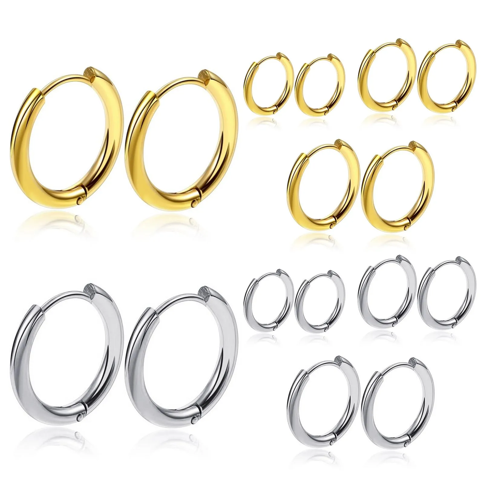 NHDDGR 8 Paia di Orecchini a Cerchio in Acciaio Inossidabile 316L, Argento e Oro, 8-14mm - immagine 8